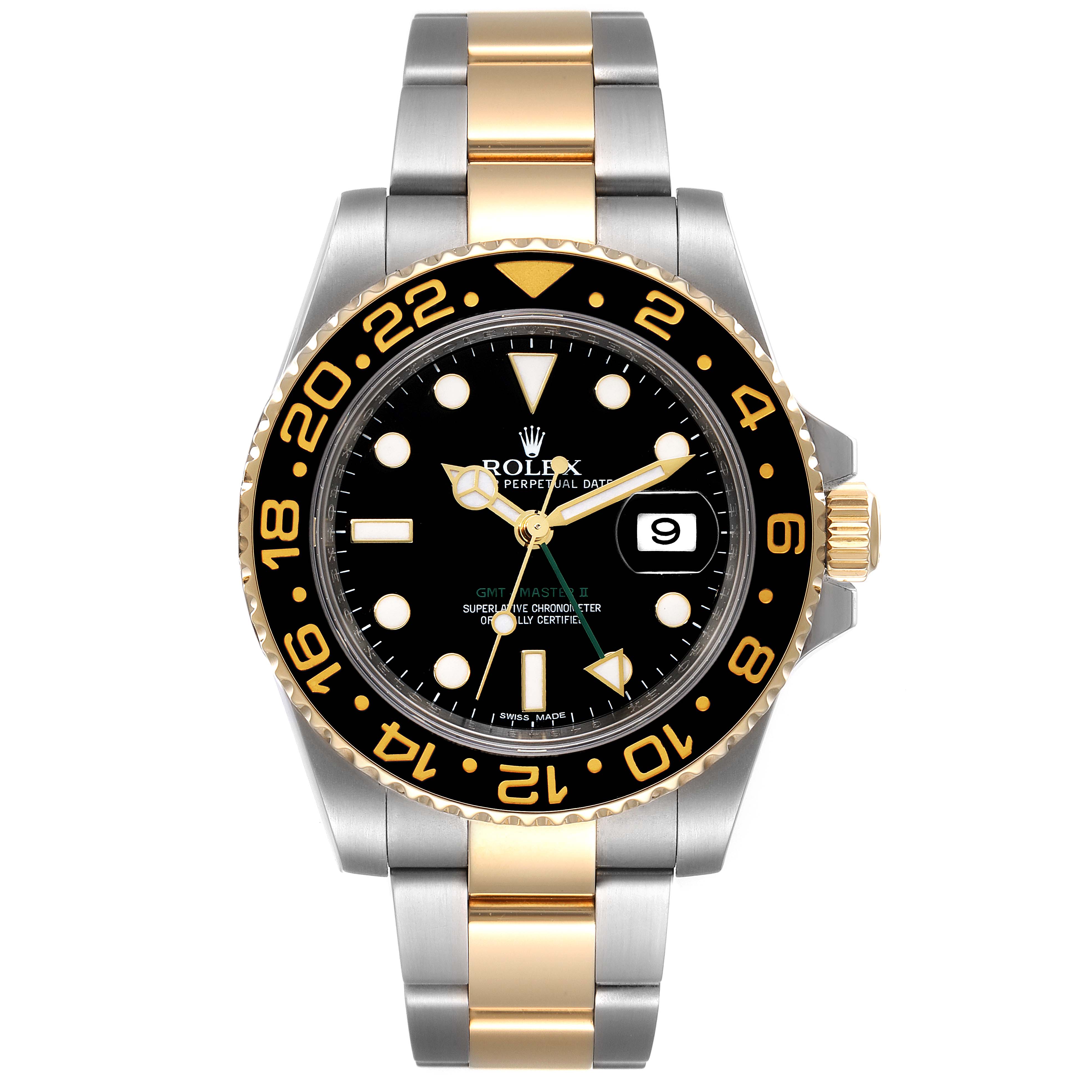 The image shows a front view of a Rolex GMT-Master 116713 Men's Steel and Gold (two tone) Black Dial 116713 Men's Steel and Gold (two tone) Black Dial II watch, displaying its face, bezel, and bracelet.