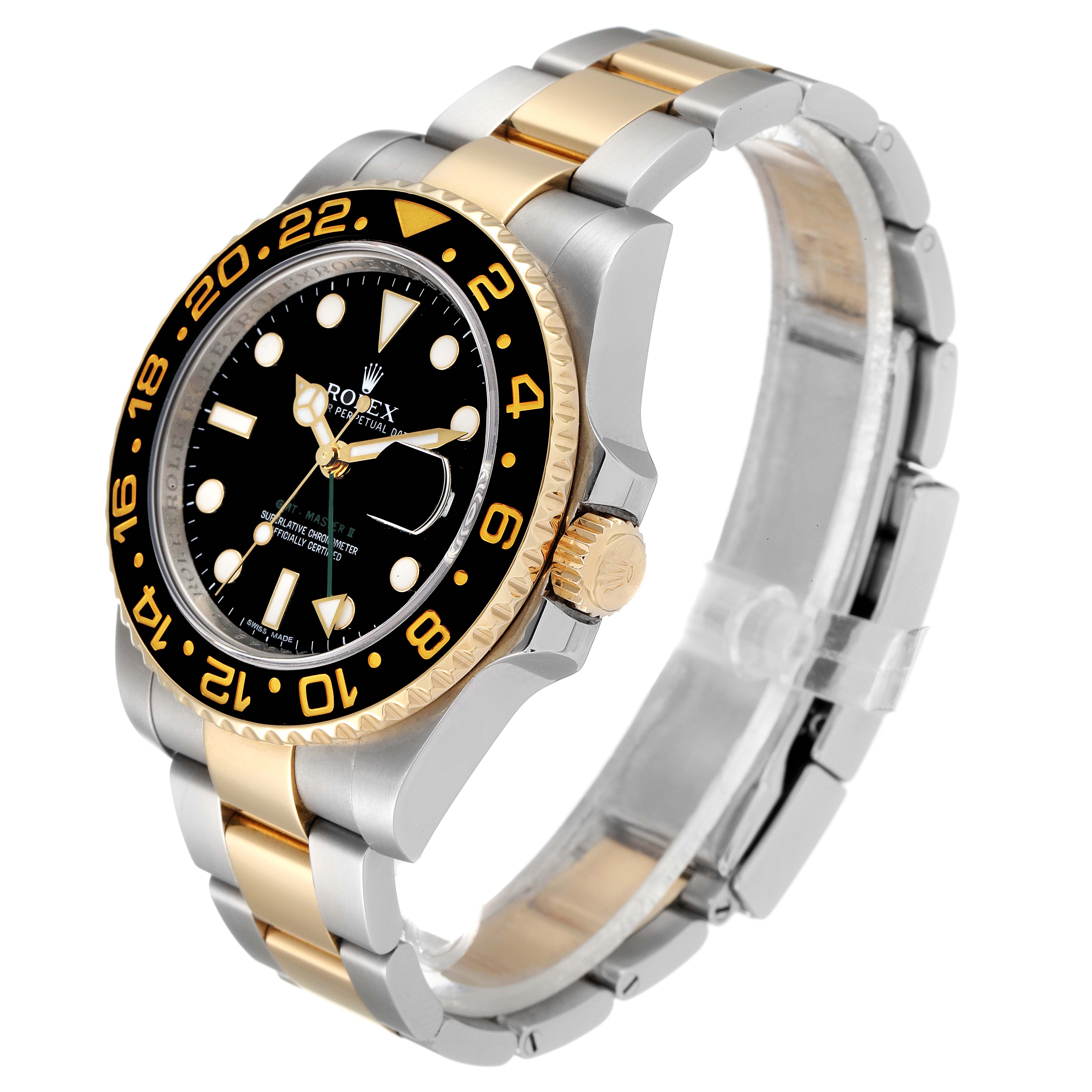 The image shows a side angle of a Rolex GMT-Master 116713 Men's Steel and Gold (two tone) Black Dial 116713 Men's Steel and Gold (two tone) Black Dial watch, featuring its two-tone bracelet and bezel with the crown visible.