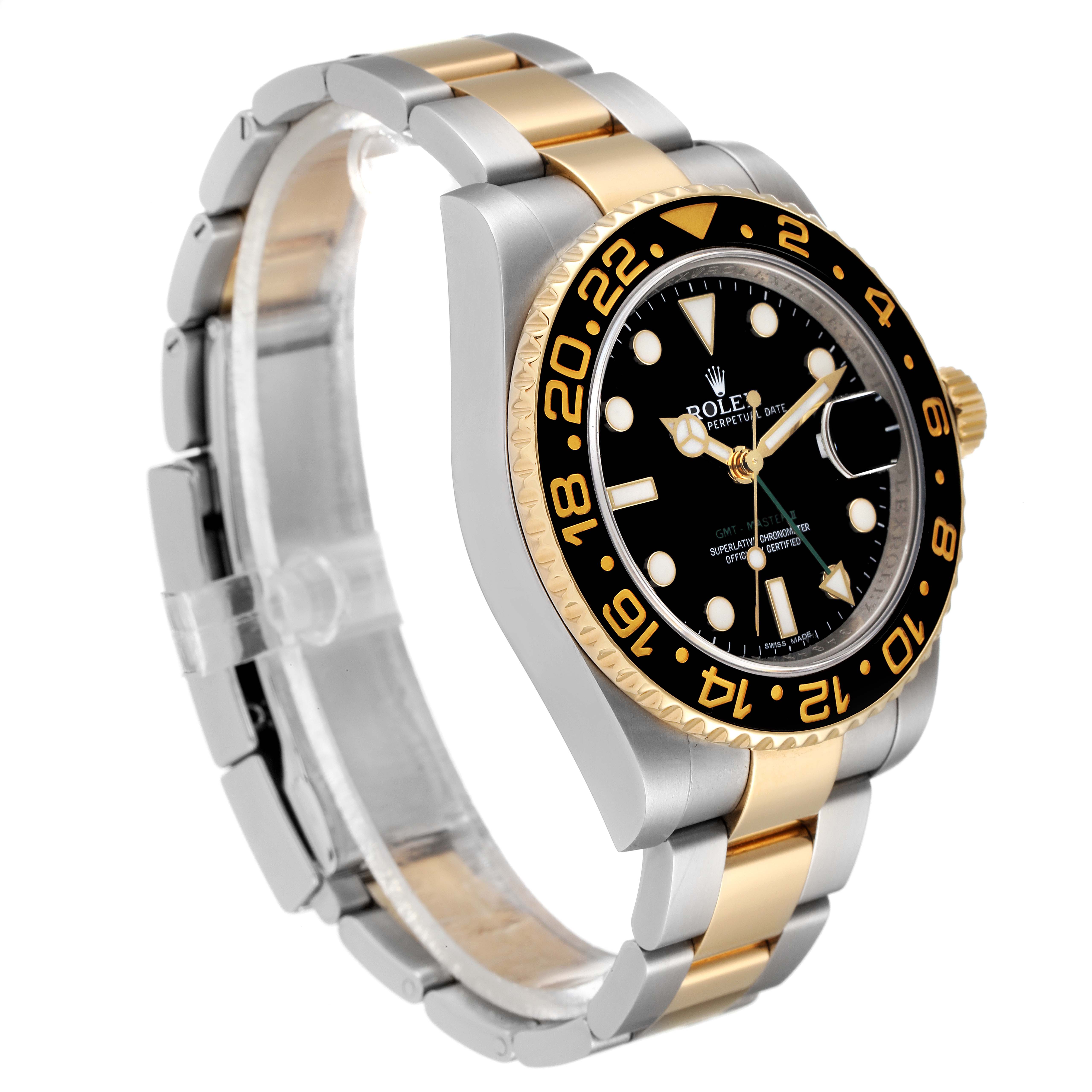 The Rolex GMT-Master 116713 Men's Steel and Gold (two tone) Black Dial 116713 Men's Steel and Gold (two tone) Black Dial watch is shown at a three-quarter angle, highlighting the face, bezel, and part of the bracelet.