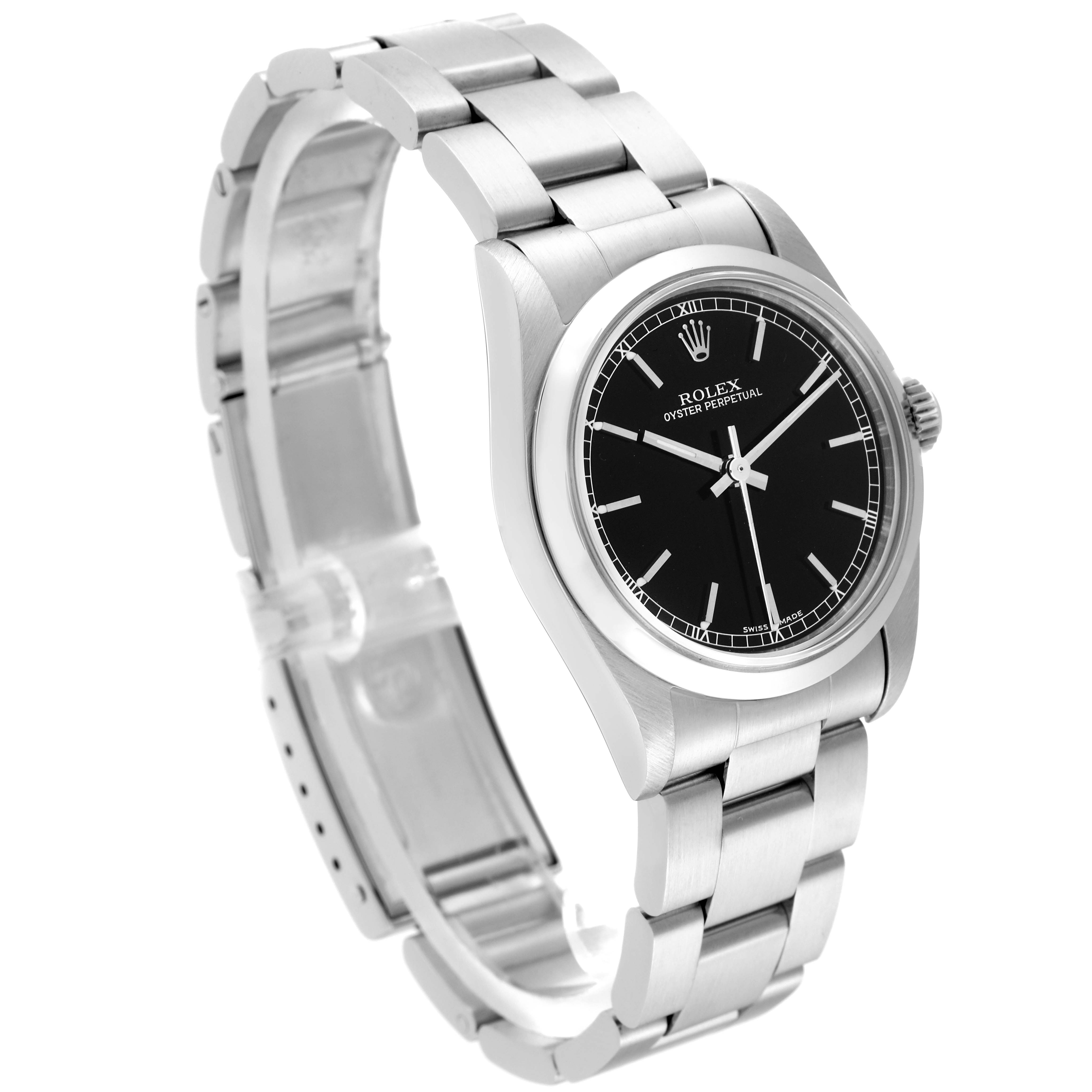 The image shows a side angle of a Rolex Mid-Size 67480 Women's Stainless Steel Black Dial 67480 Women's Stainless Steel Black Dial watch, highlighting its black dial, silver case, and metal bracelet.