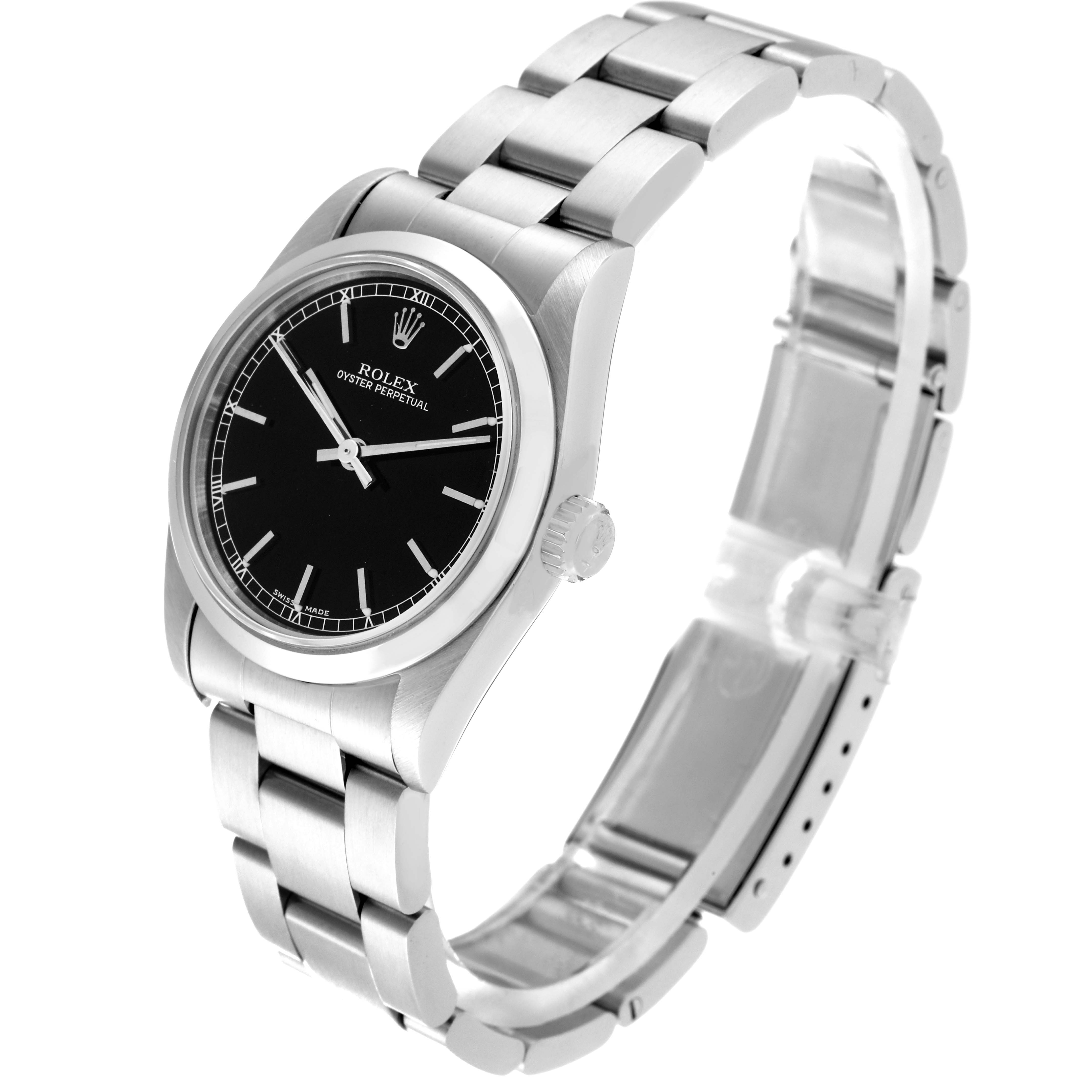 The Rolex Mid-Size 67480 Women's Stainless Steel Black Dial 67480 Women's Stainless Steel Black Dial watch is shown from a three-quarter angle, highlighting the black dial, silver case, crown, and metal bracelet.