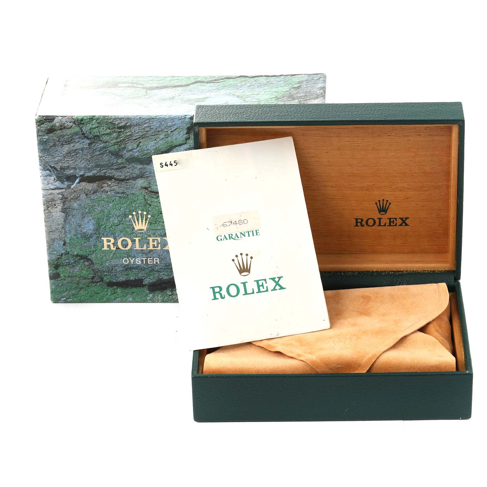 The image shows a Rolex Mid-Size 67480 Women's Stainless Steel Black Dial 67480 Women's Stainless Steel Black Dial watch box, documentation, and a suede pouch from a frontal angle.