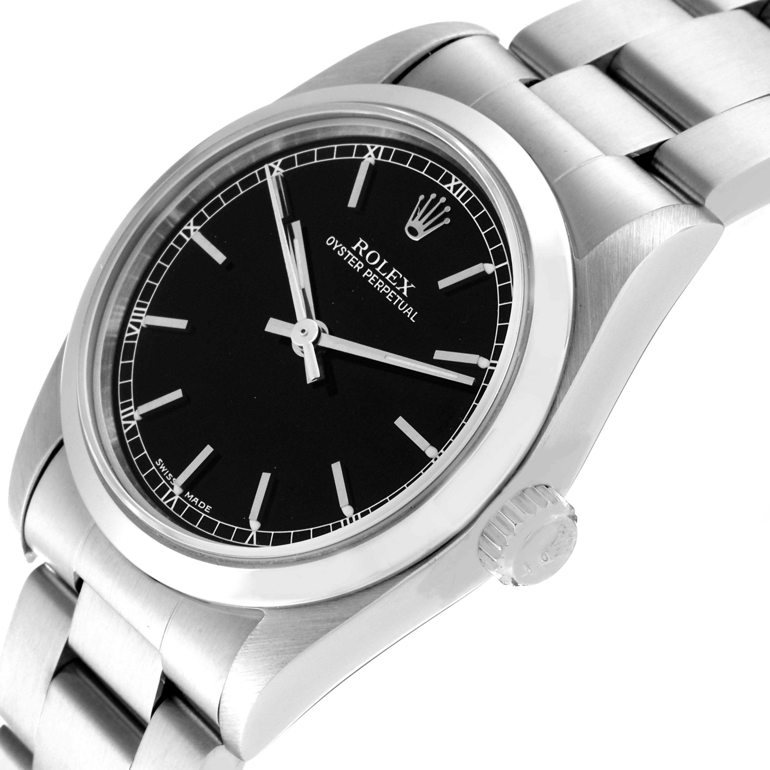 This image of a Rolex Mid-Size 67480 Women's Stainless Steel Black Dial 67480 Women's Stainless Steel Black Dial Oyster Perpetual watch shows the face, bezel, crown, and part of the bracelet at a slight angle.