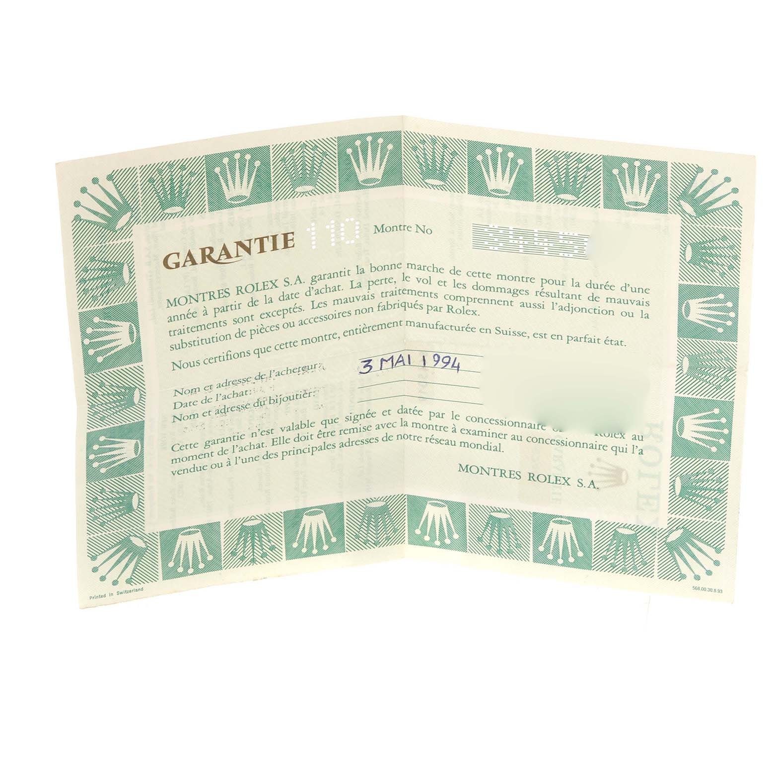 This image shows a warranty card for a Rolex Mid-Size 67480 Women's Stainless Steel Black Dial 67480 Women's Stainless Steel Black Dial model, dated 3 May 1994.