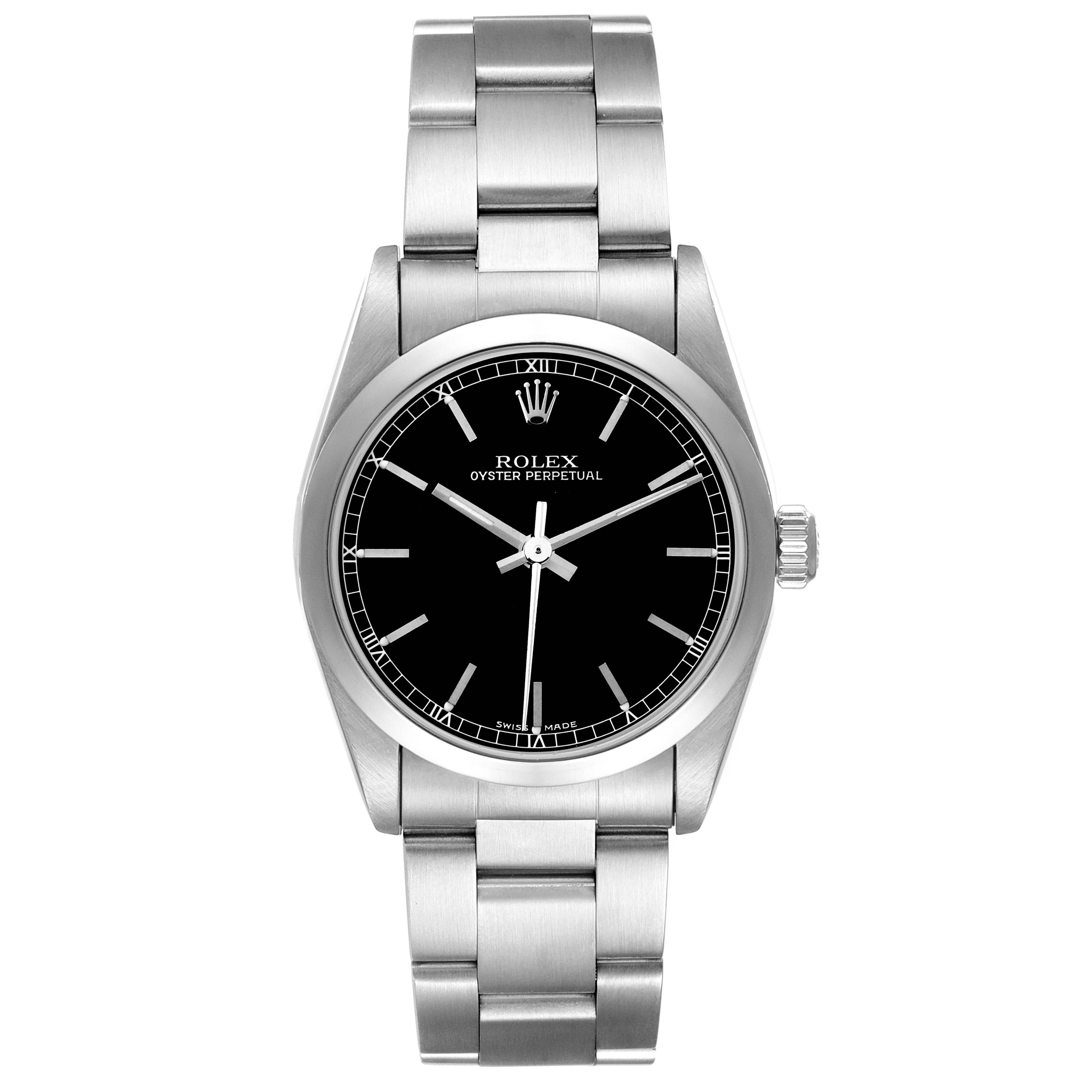 The image shows a front view of a Rolex Mid-Size 67480 Women's Stainless Steel Black Dial 67480 Women's Stainless Steel Black Dial Oyster Perpetual watch, including its face, bezel, and bracelet.