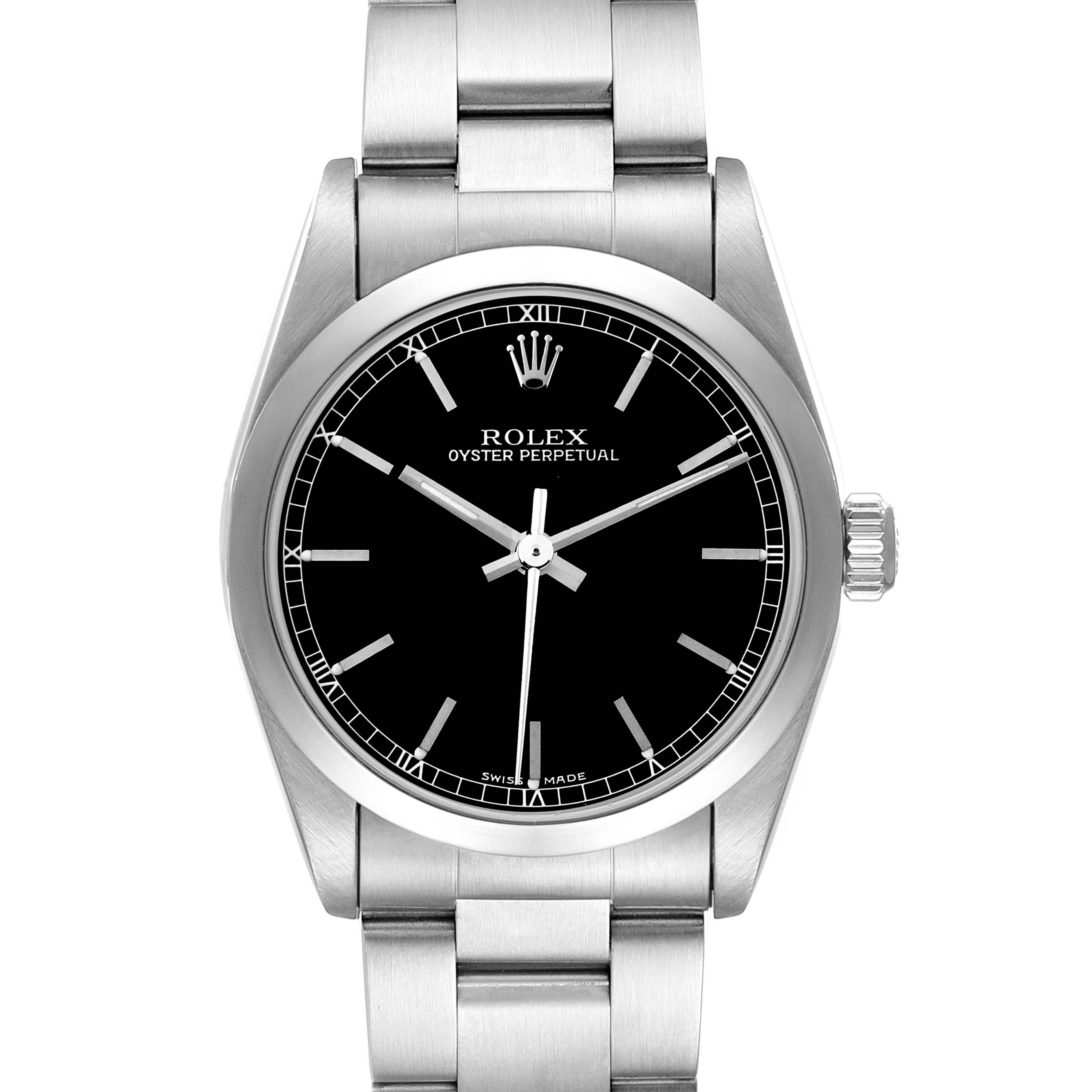 The image shows a front view of the Rolex Oyster Perpetual Mid-Size watch, highlighting its face, bezel, and bracelet.