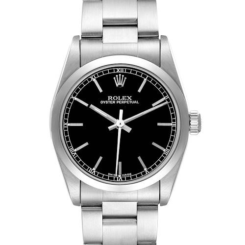 This Mid-Size Rolex Oyster Perpetual watch is shown from the front, displaying its black dial, case, and bracelet.