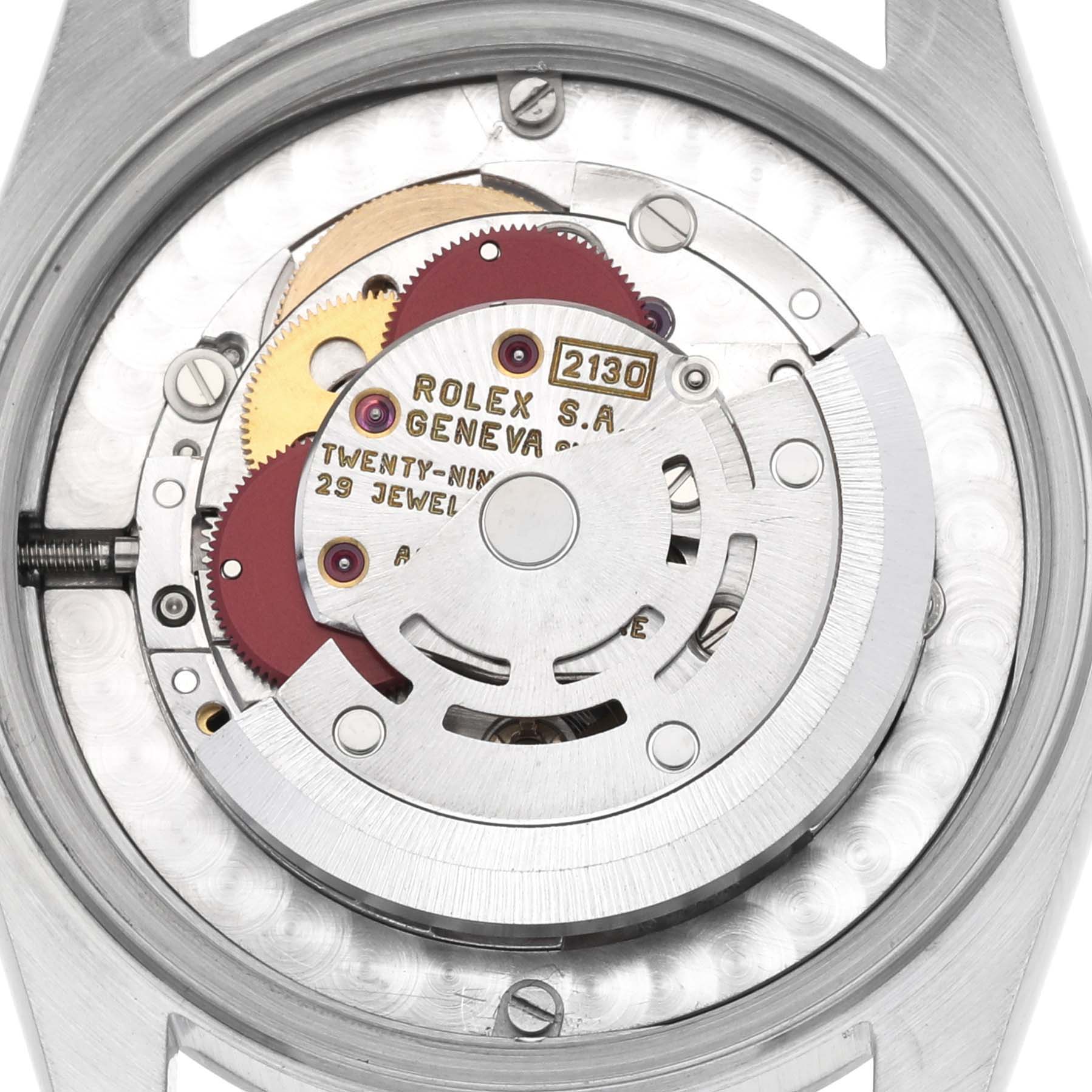 The image shows the internal movement mechanism of a Rolex Mid-Size 67480 Women's Stainless Steel Black Dial 67480 Women's Stainless Steel Black Dial watch, viewed from the back.
