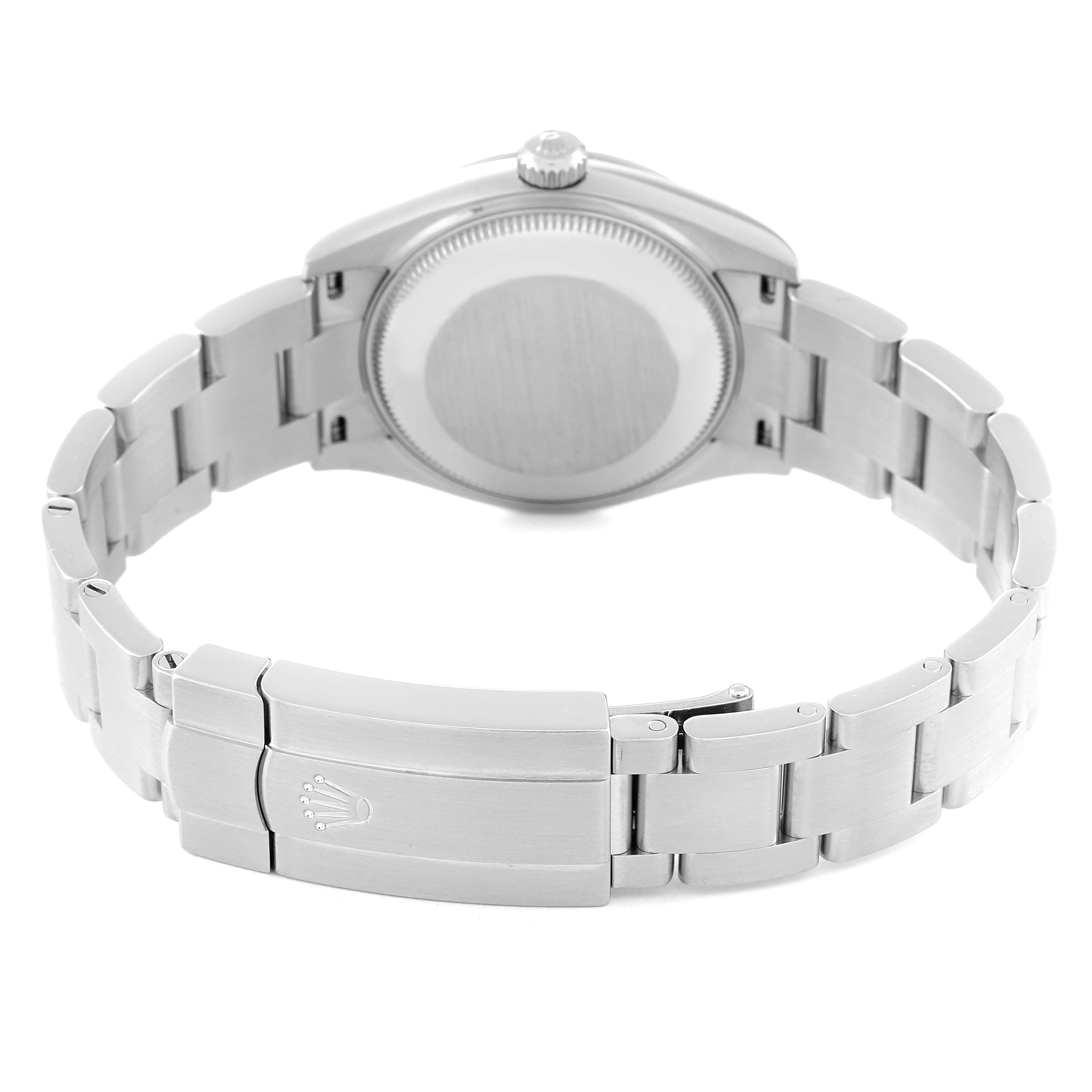 The image shows the back case and bracelet of a Rolex Mid-Size 277200 Women's Stainless Steel Pink Dial 277200 Women's Stainless Steel Pink Dial watch, including the clasp with the Rolex logo.