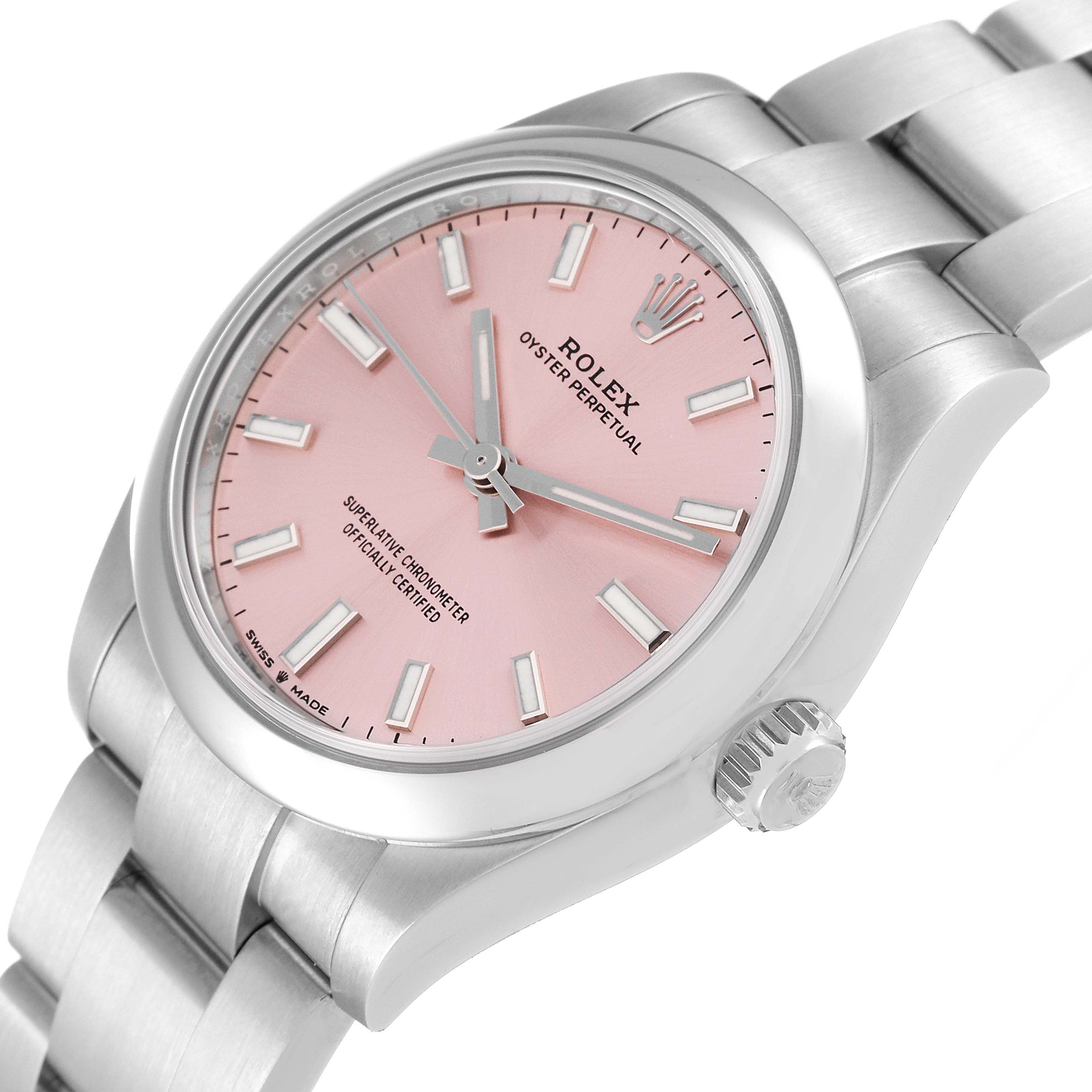 The Rolex Mid-Size 277200 Women's Stainless Steel Pink Dial 277200 Women's Stainless Steel Pink Dial watch is shown at a slight angle, highlighting its pink dial and stainless steel bracelet.