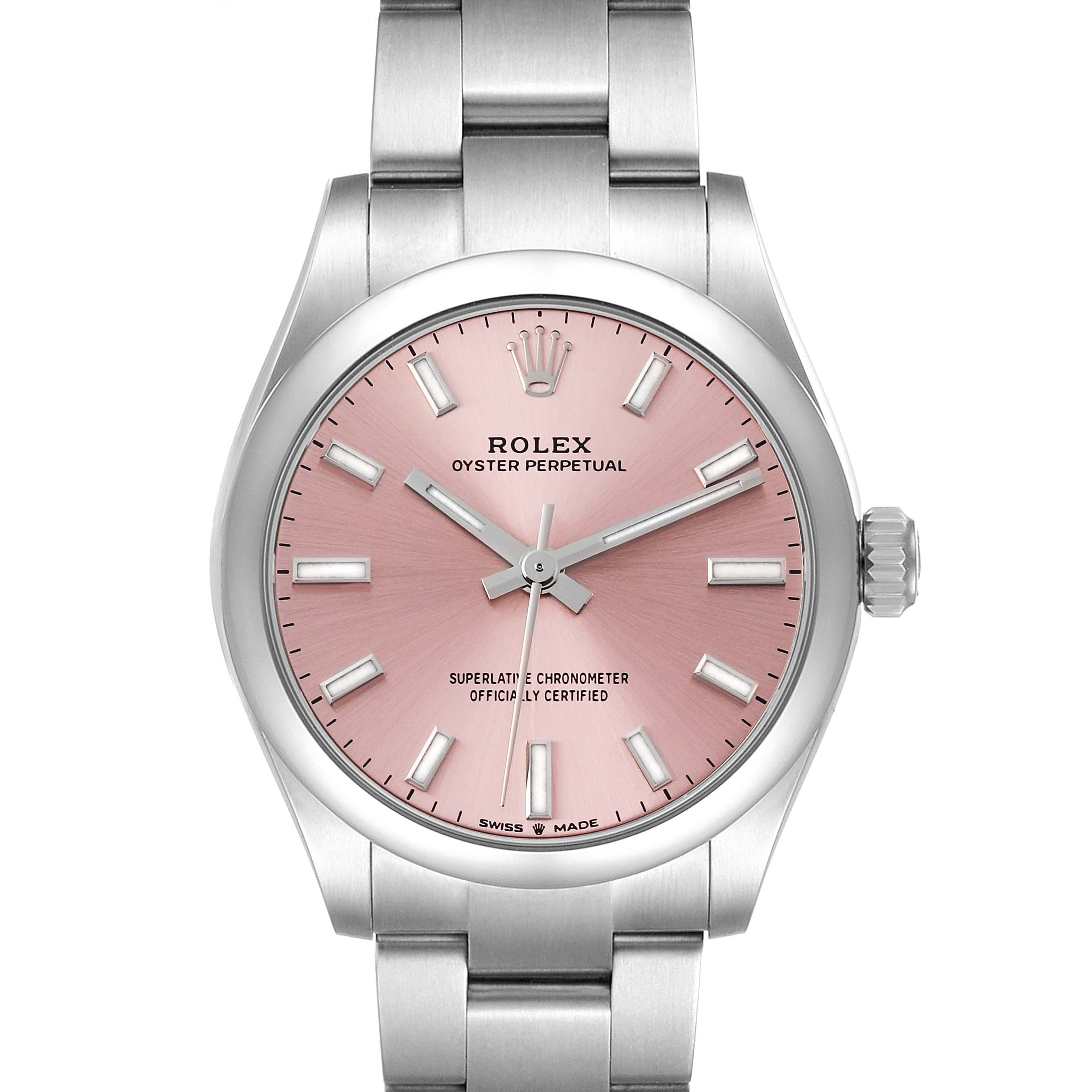 The image shows a front view of a Rolex Mid-Size 277200 Women's Stainless Steel Pink Dial 277200 Women's Stainless Steel Pink Dial Oyster Perpetual watch with a pink dial and stainless steel band.