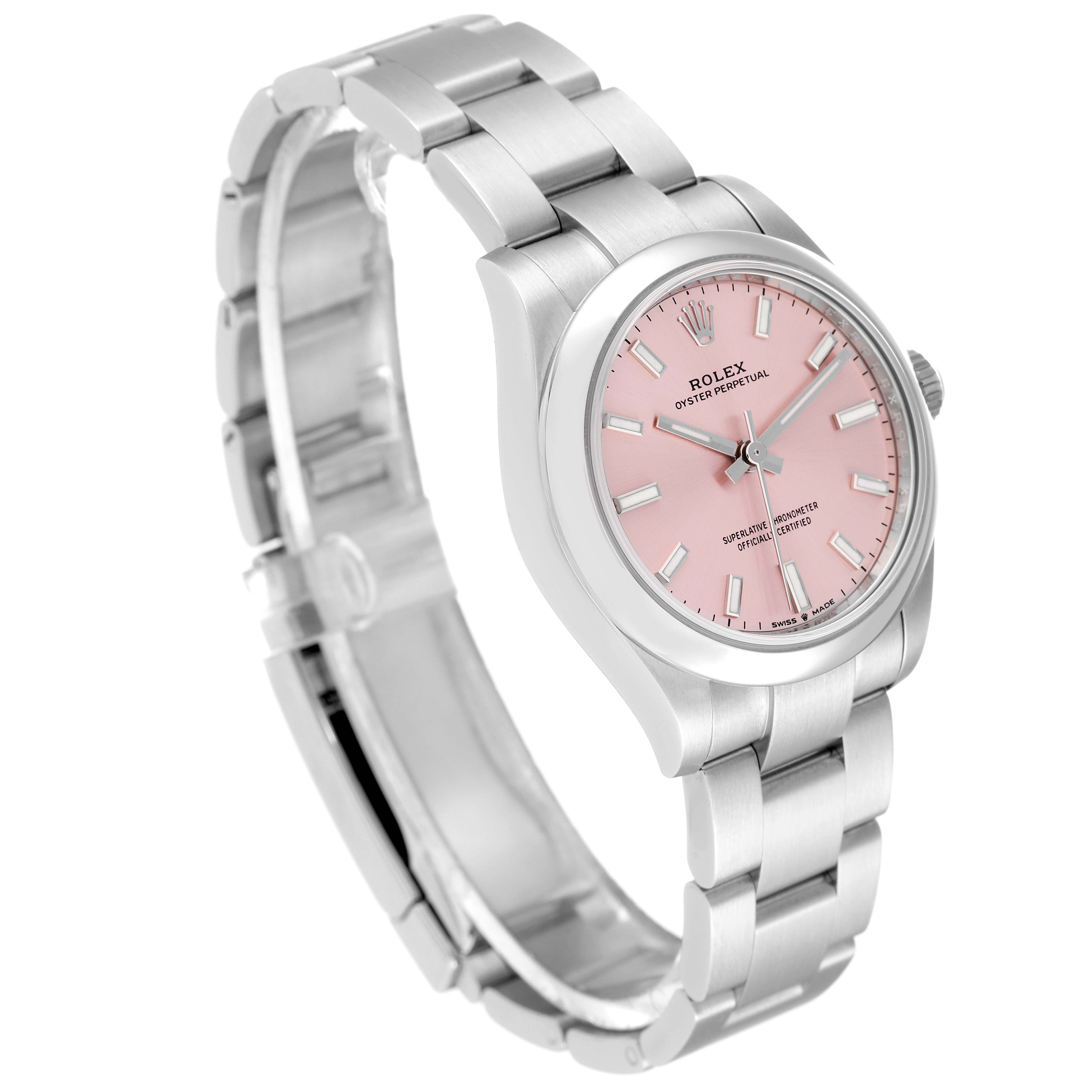 This image shows a side angle of the Mid-Size Rolex watch with a pink dial and silver metal bracelet.