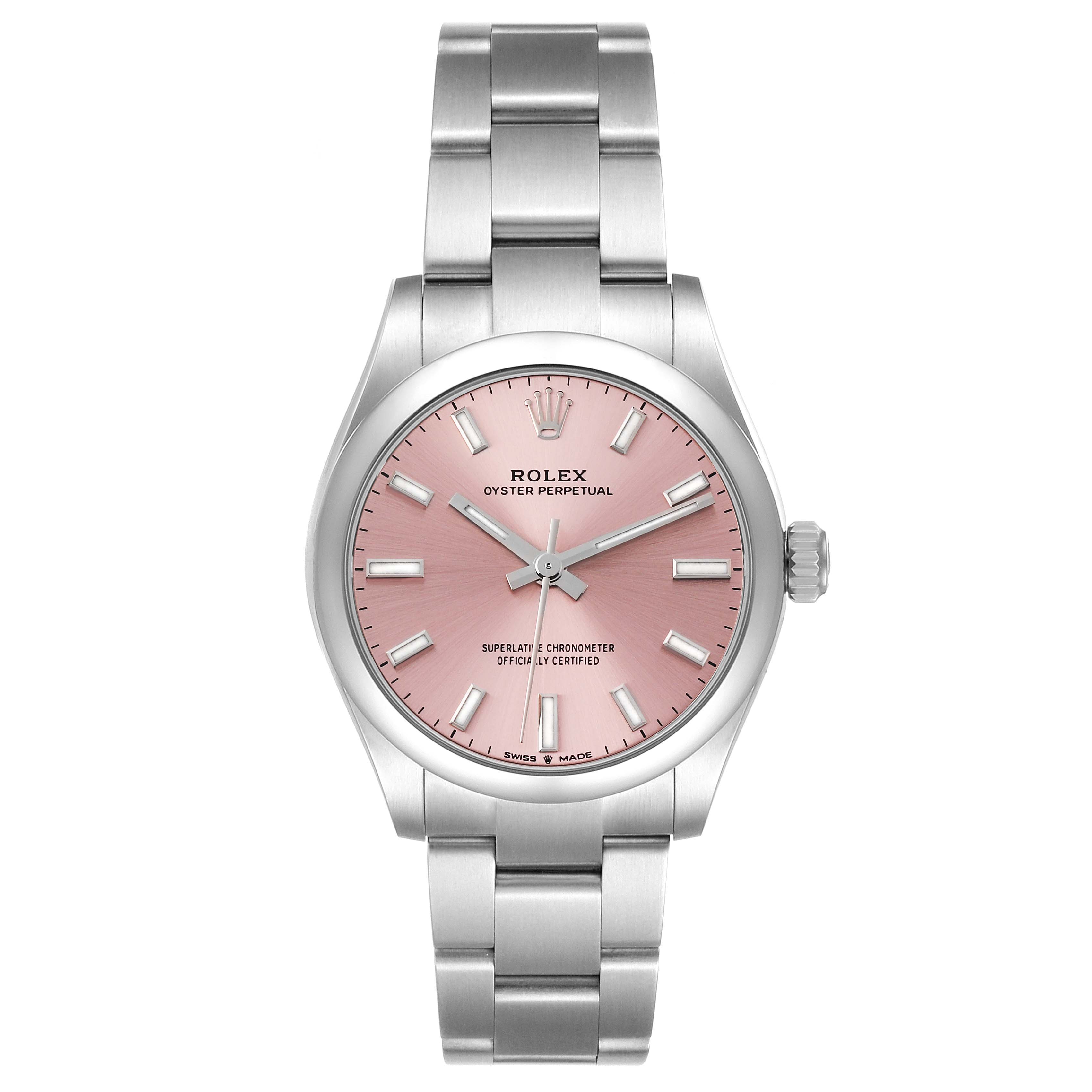 The image shows a front view of a Rolex Oyster Perpetual Mid-Size with a pink dial and stainless steel bracelet.