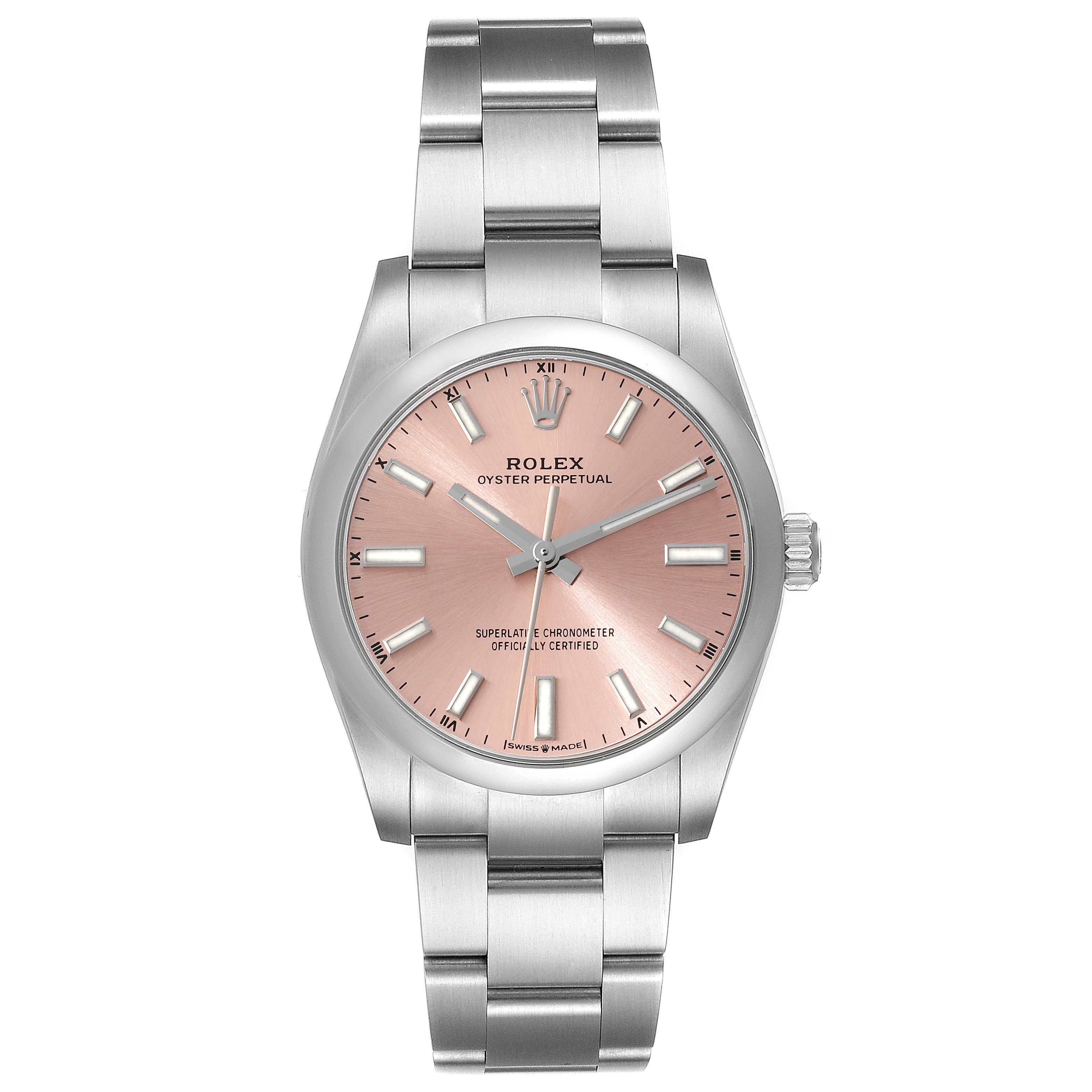 The image shows a frontal view of a Rolex Oyster Perpetual 124200 Men's Stainless Steel Pink Dial 124200 Men's Stainless Steel Pink Dial watch with a pink dial and a stainless steel bracelet.