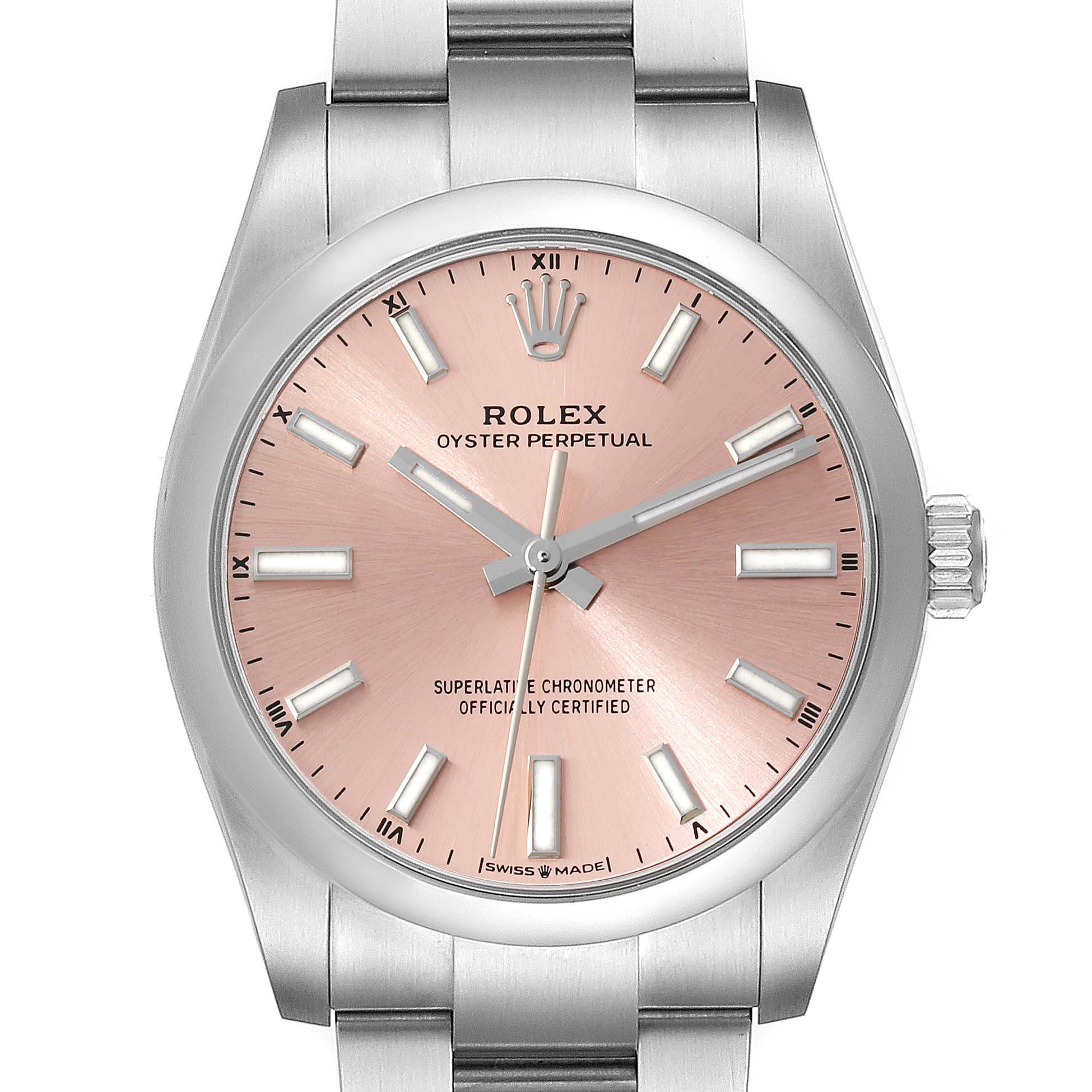The image shows a front view of a Rolex Oyster Perpetual 124200 Men's Stainless Steel Pink Dial 124200 Men's Stainless Steel Pink Dial watch with a pink dial and stainless steel bracelet.