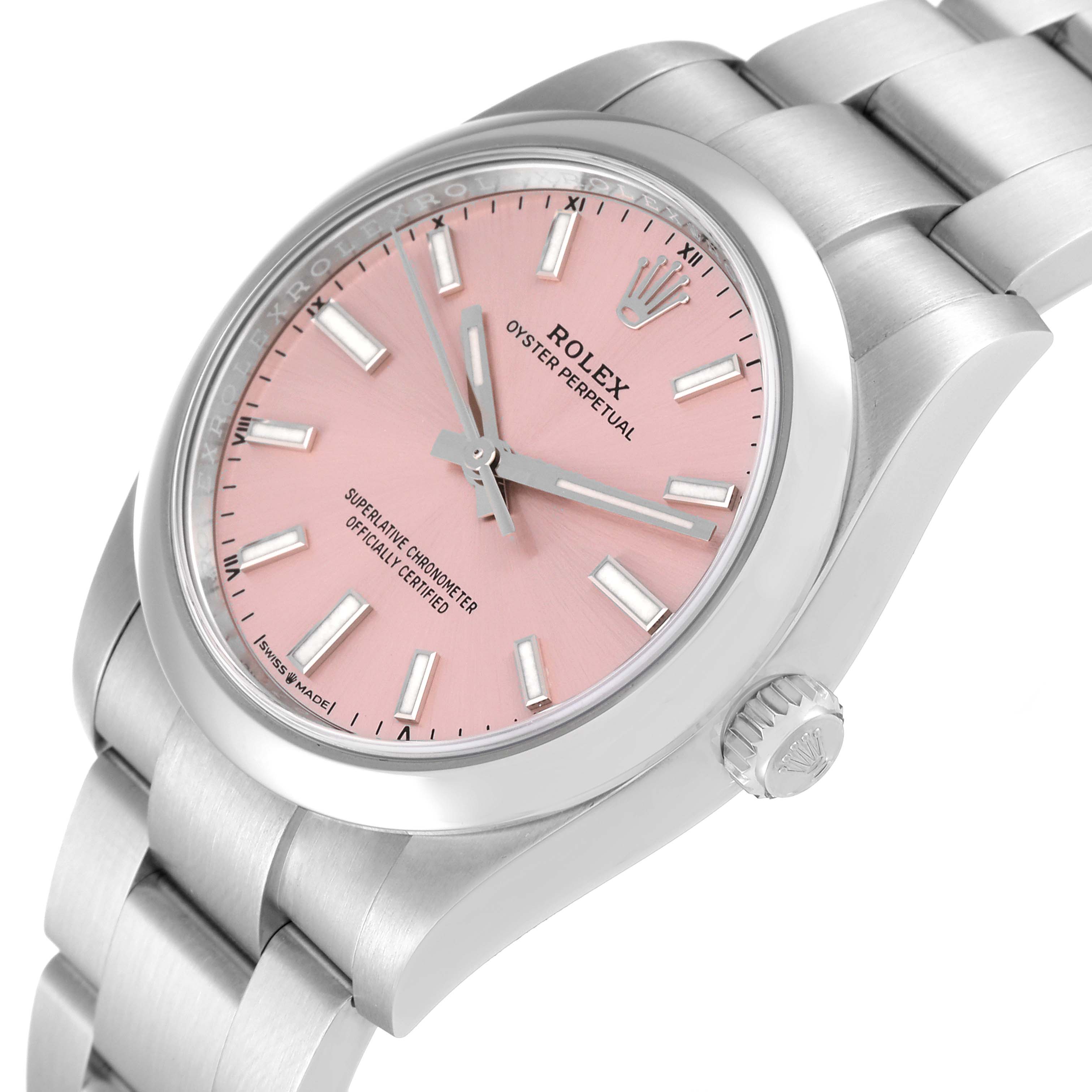 The image shows a close-up angle of a Rolex Oyster Perpetual 124200 Men's Stainless Steel Pink Dial 124200 Men's Stainless Steel Pink Dial watch, displaying its pink dial, crown, and part of its bracelet.