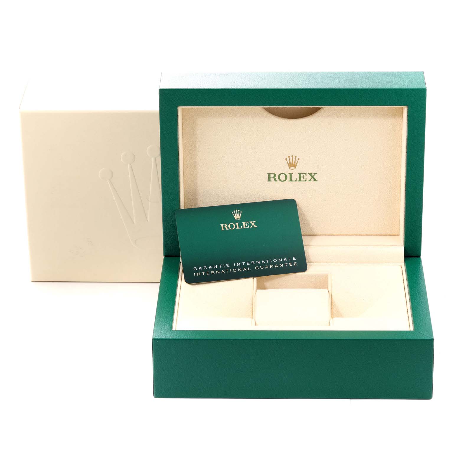 This image shows the open green box and guarantee card for a Rolex Oyster Perpetual 124200 Men's Stainless Steel Pink Dial 124200 Men's Stainless Steel Pink Dial watch.