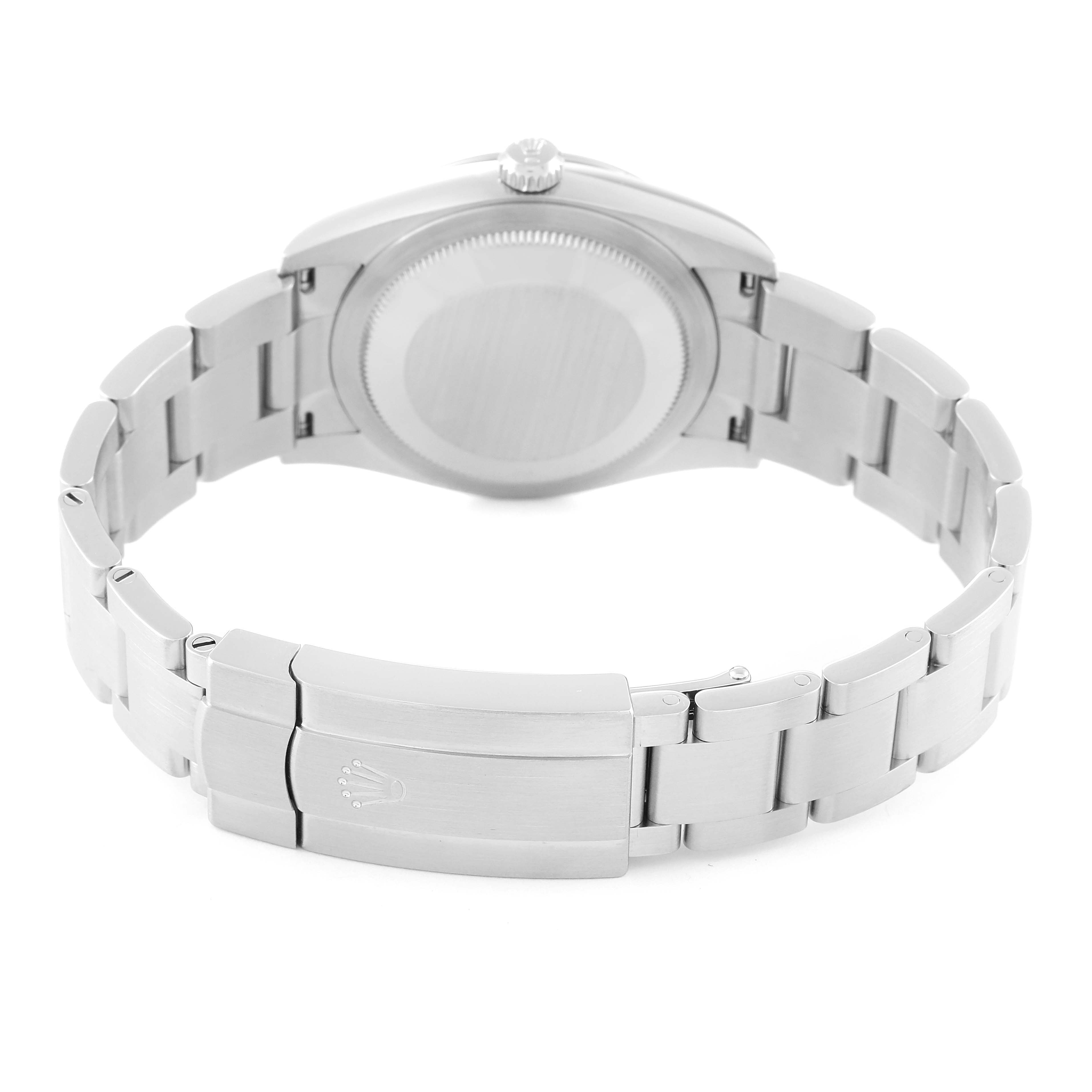 The image shows the back view and bracelet of the Rolex Oyster Perpetual 124200 Men's Stainless Steel Pink Dial 124200 Men's Stainless Steel Pink Dial watch.