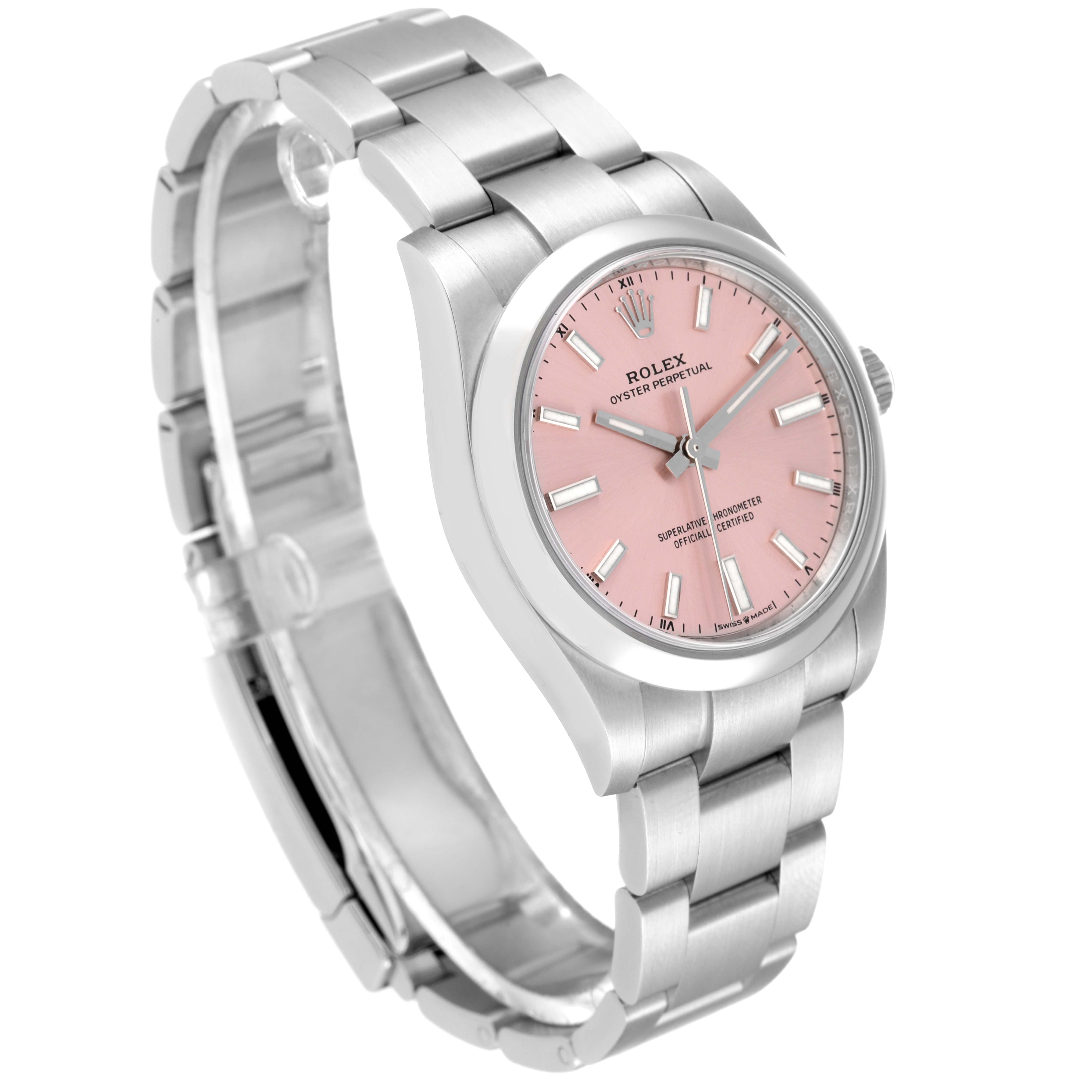 The Rolex Oyster Perpetual 124200 Men's Stainless Steel Pink Dial 124200 Men's Stainless Steel Pink Dial watch is shown from a front angle with a stainless steel case and bracelet, and a pink dial.