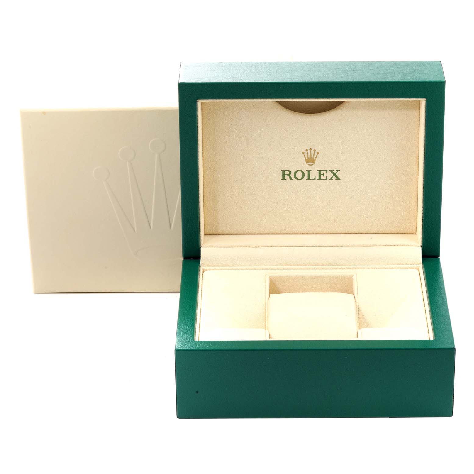 This image shows the open presentation box for a Rolex Oyster Perpetual 114200 Men's Stainless Steel Green Dial 114200 Men's Stainless Steel Green Dial watch, with its packaging and interior visible.