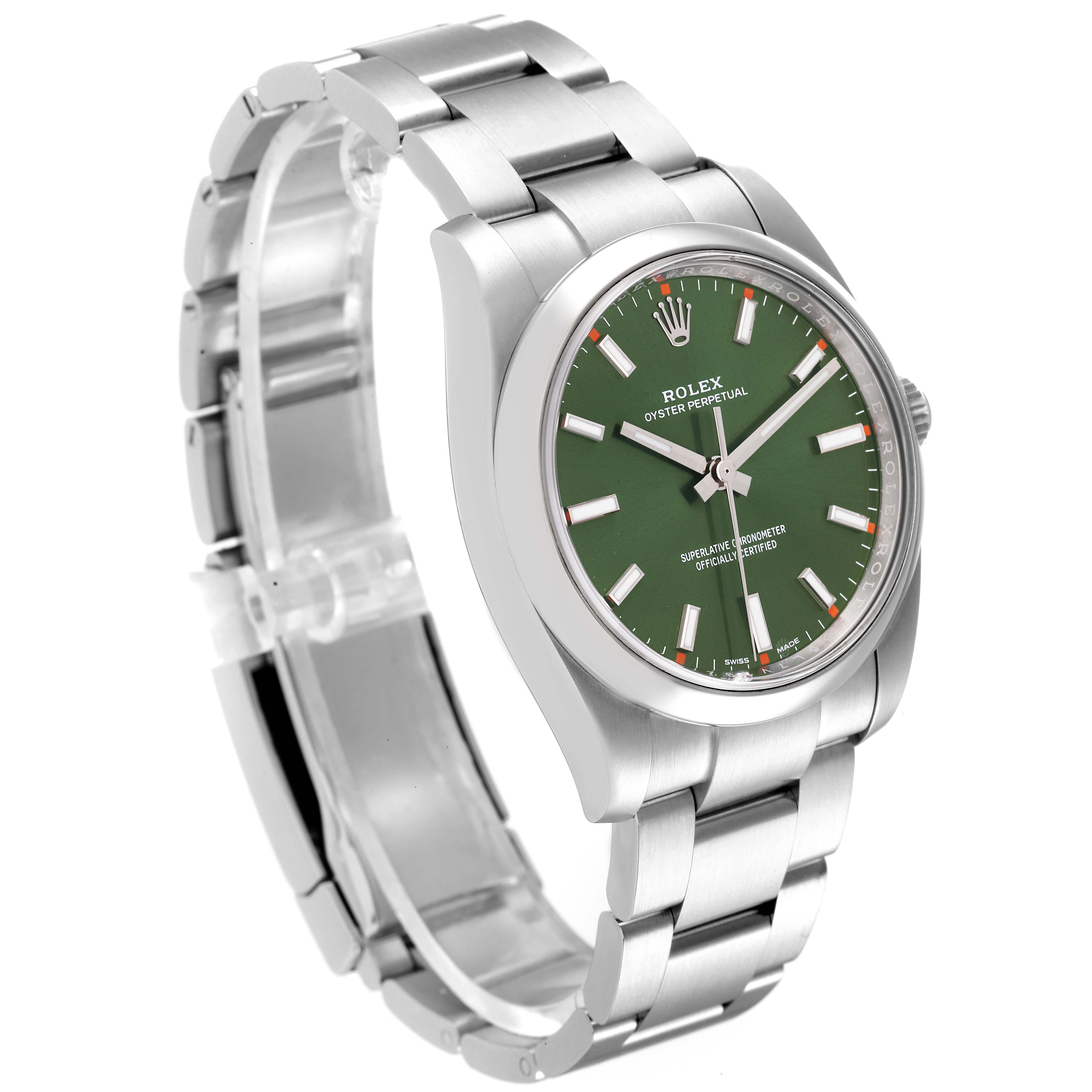 The Rolex Oyster Perpetual 114200 Men's Stainless Steel Green Dial 114200 Men's Stainless Steel Green Dial watch is shown at an angle displaying its green dial, stainless steel case, and bracelet.