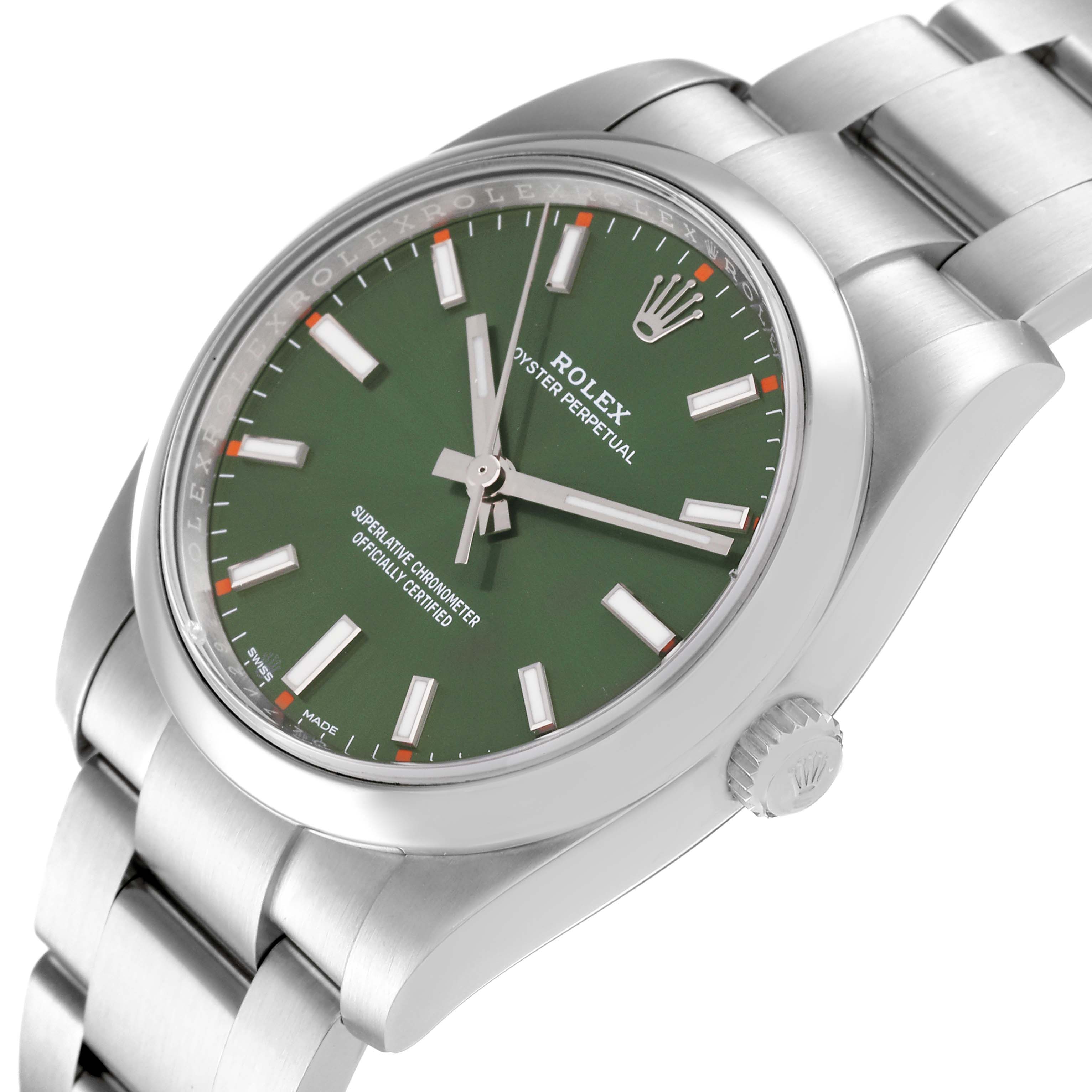 The Rolex Oyster Perpetual 114200 Men's Stainless Steel Green Dial 114200 Men's Stainless Steel Green Dial watch is shown at an angled top view, displaying its green dial, crown, and stainless steel bracelet.