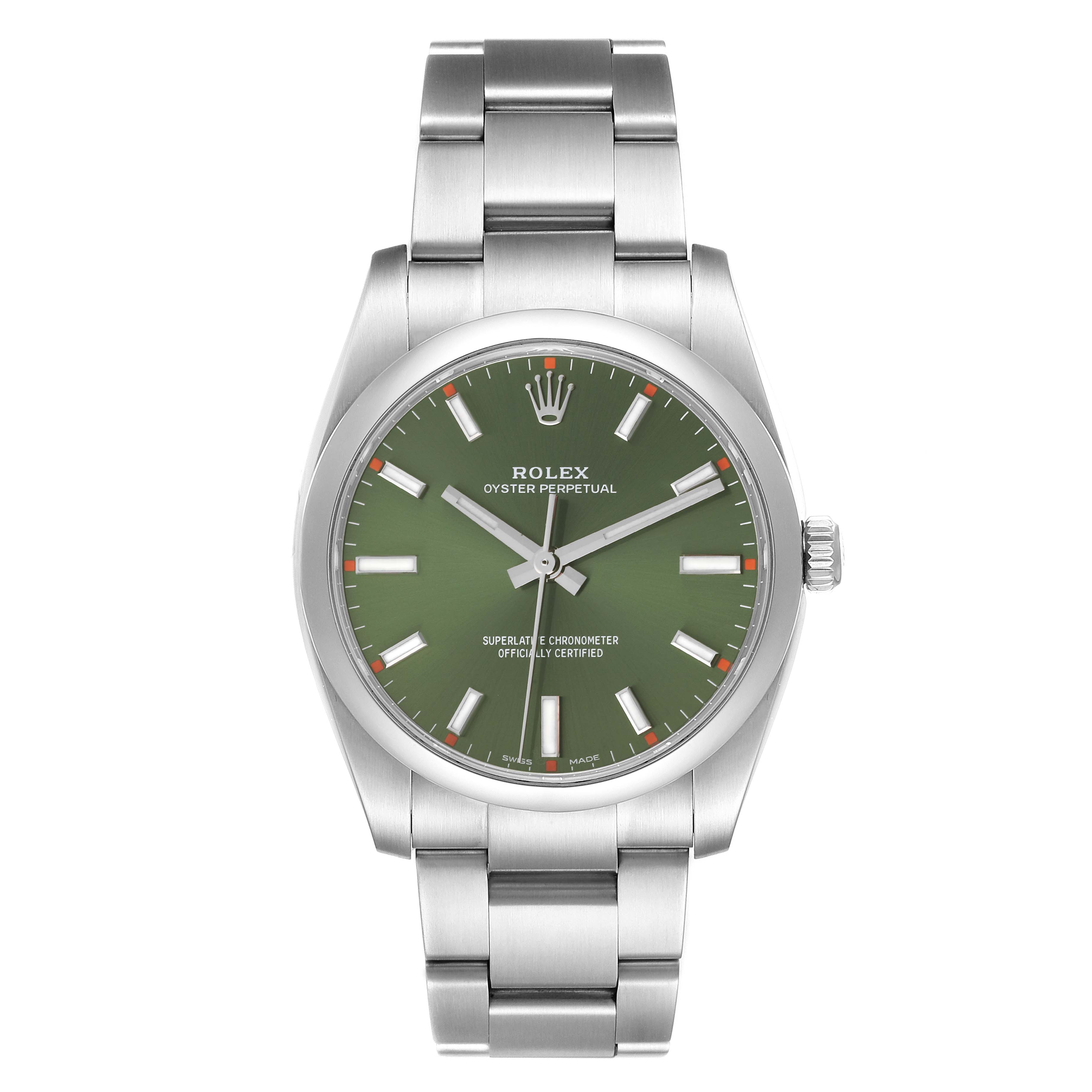This image shows a frontal view of the Rolex Oyster Perpetual 114200 Men's Stainless Steel Green Dial 114200 Men's Stainless Steel Green Dial watch with a green dial and stainless steel bracelet.