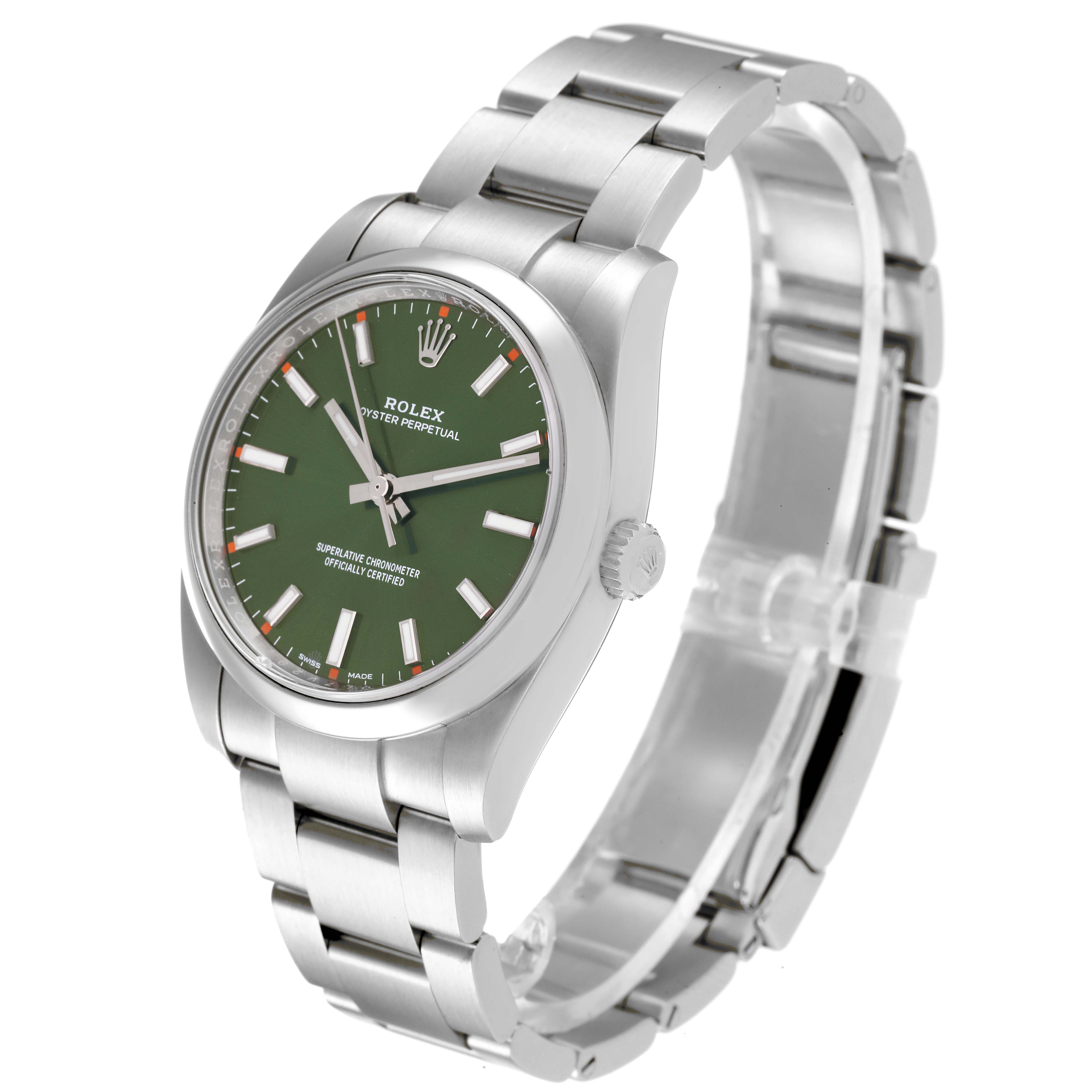 The image displays a Rolex Oyster Perpetual 114200 Men's Stainless Steel Green Dial 114200 Men's Stainless Steel Green Dial watch from an angled side view, featuring its green dial and stainless steel bracelet.