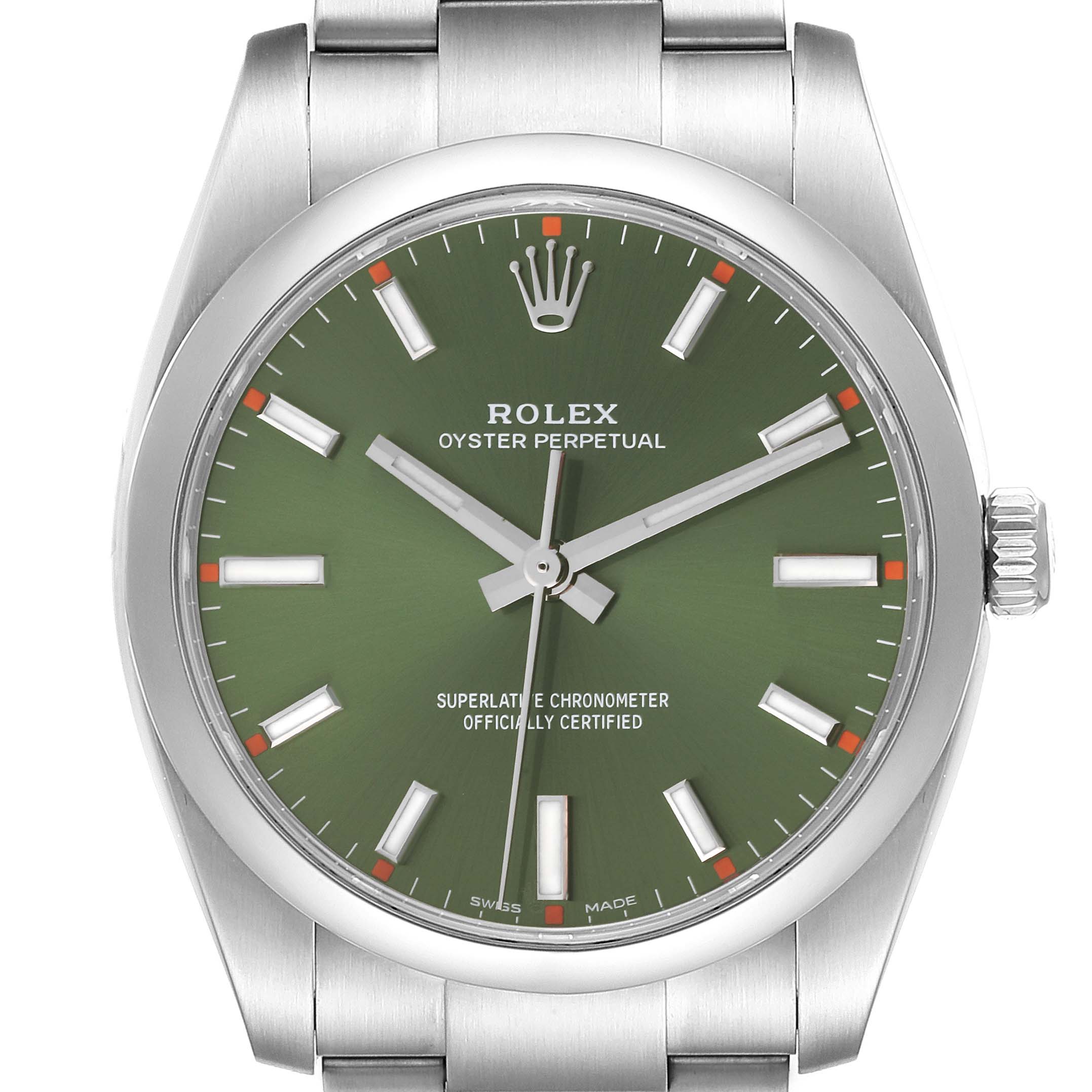 This image shows a full front view of a Rolex Oyster Perpetual 114200 Men's Stainless Steel Green Dial 114200 Men's Stainless Steel Green Dial watch, highlighting its green dial and stainless steel bracelet.