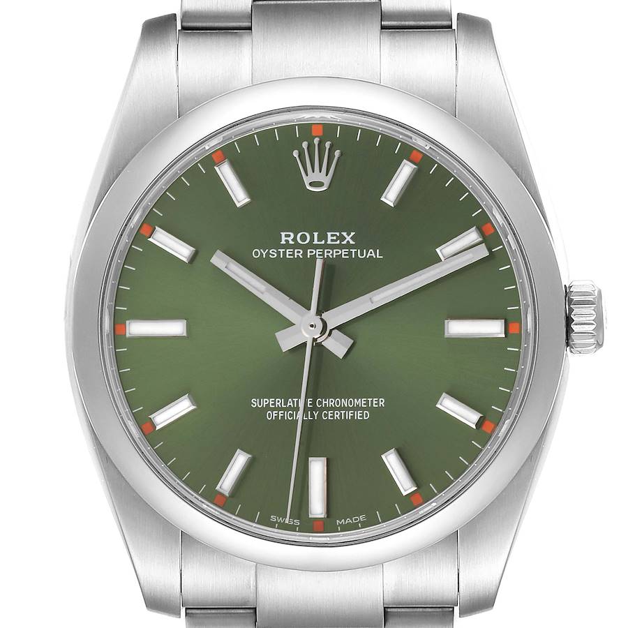 Rolex Oyster Perpetual 34mm Steel Olive Green Dial Mens Watch 114200 SwissWatchExpo