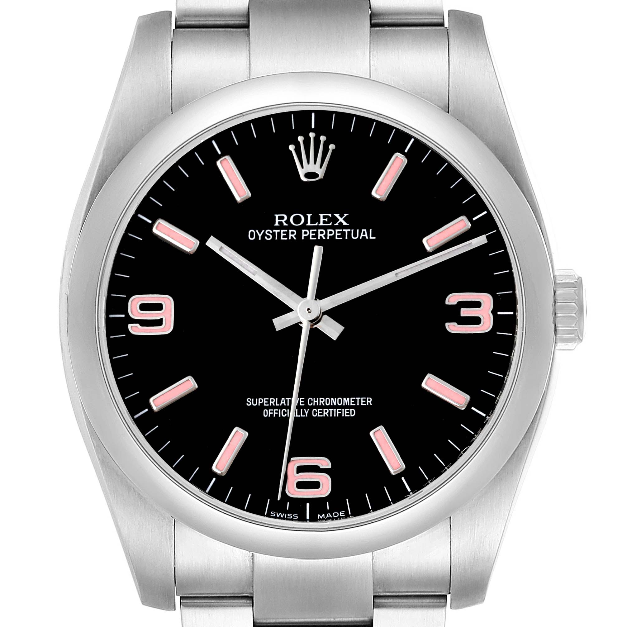 The image shows a front view of a Rolex Oyster Perpetual 116000 Men
s Stainless Steel Black Dial 116000 Men
s Stainless Steel Black Dial watch, displaying the face, bezel, and part of the bracelet.