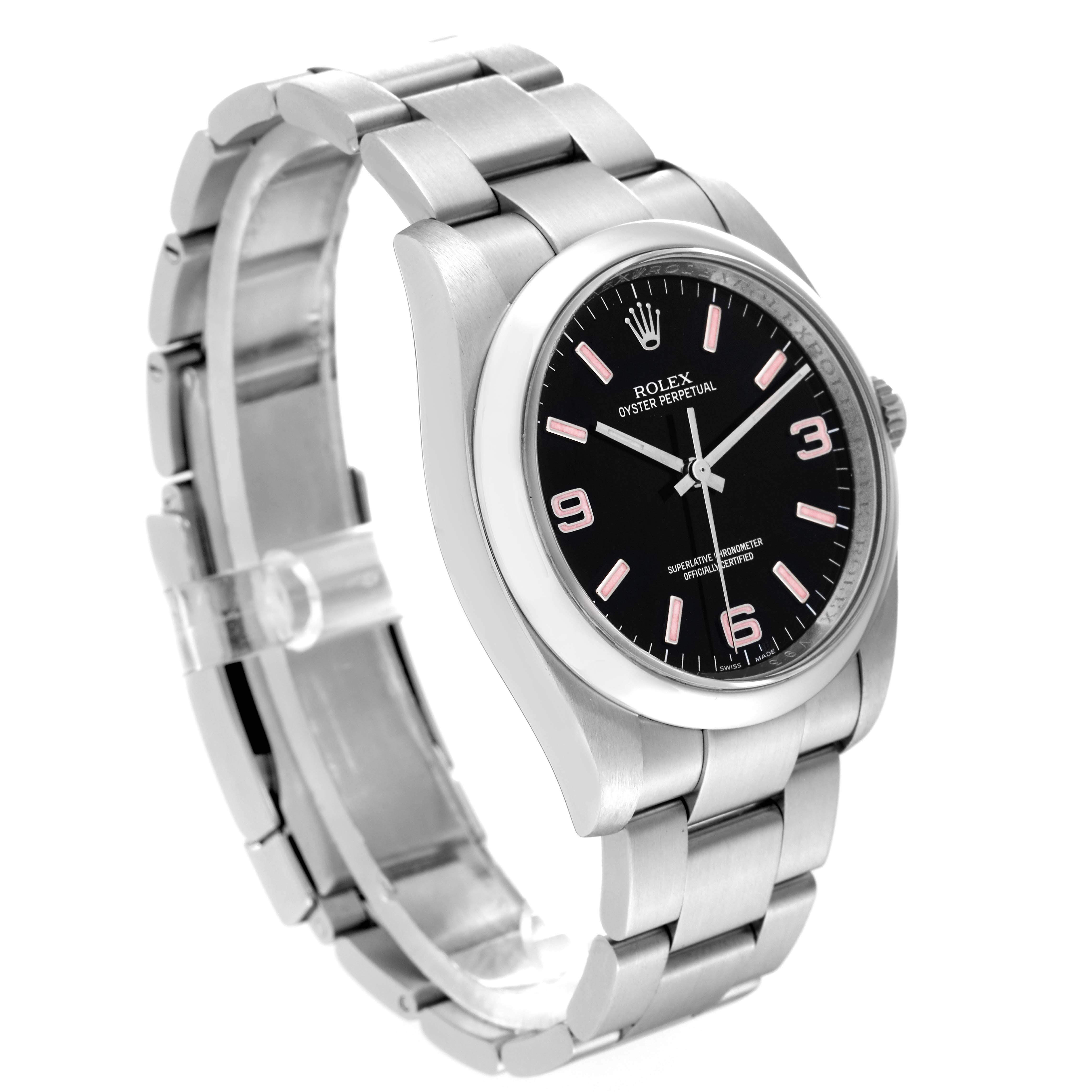 The Rolex Oyster Perpetual 116000 Men
s Stainless Steel Black Dial 116000 Men
s Stainless Steel Black Dial watch is shown at a three-quarter angle, displaying its black dial, stainless steel case, and bracelet.