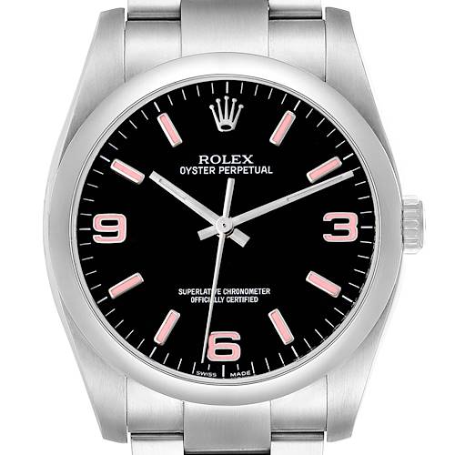 This image shows a front view of a Rolex Oyster Perpetual watch displaying its dial, bezel, case, and part of the bracelet.