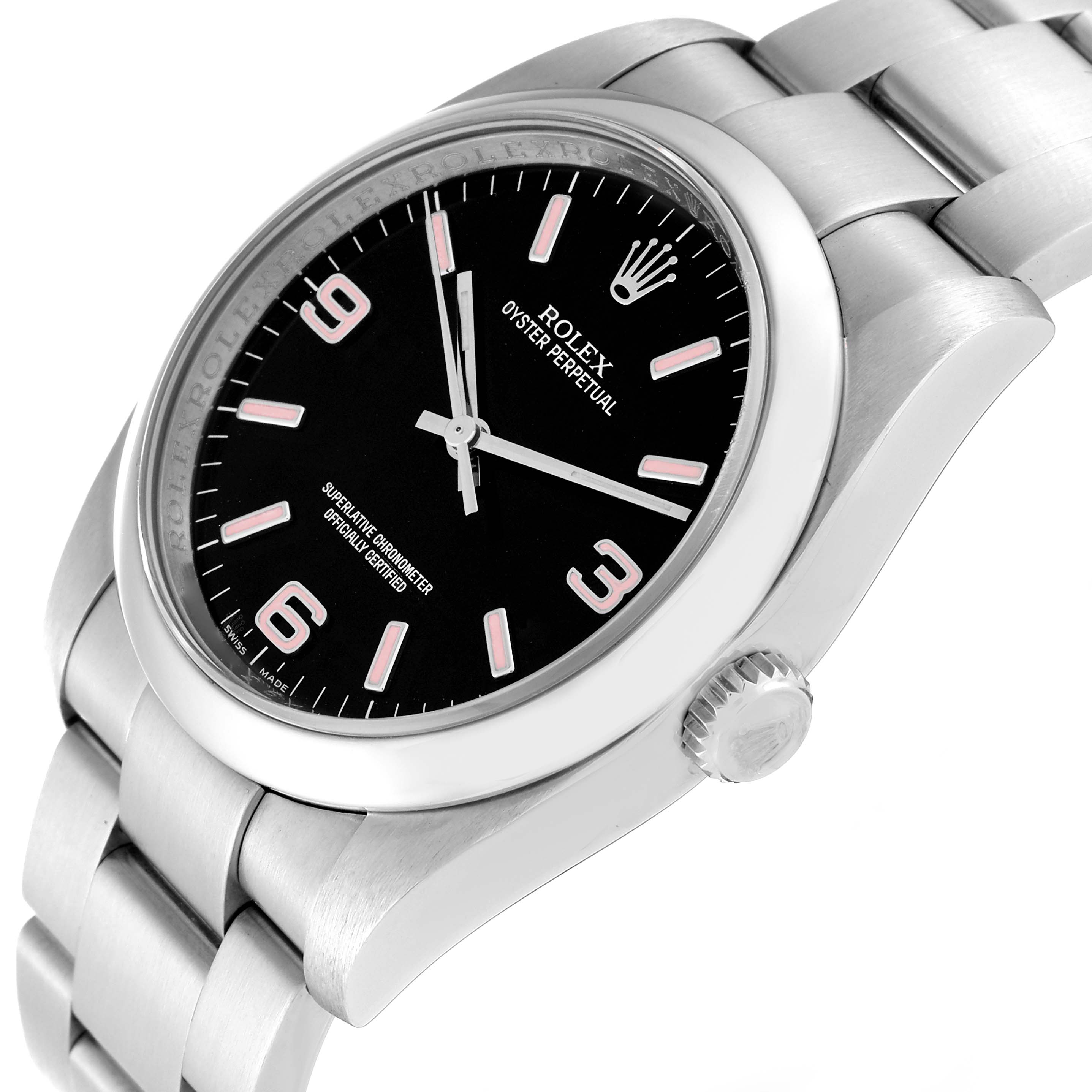 The image shows a side angle of the Rolex Oyster Perpetual 116000 Men
s Stainless Steel Black Dial 116000 Men
s Stainless Steel Black Dial watch, highlighting the dial, casing, and bracelet.