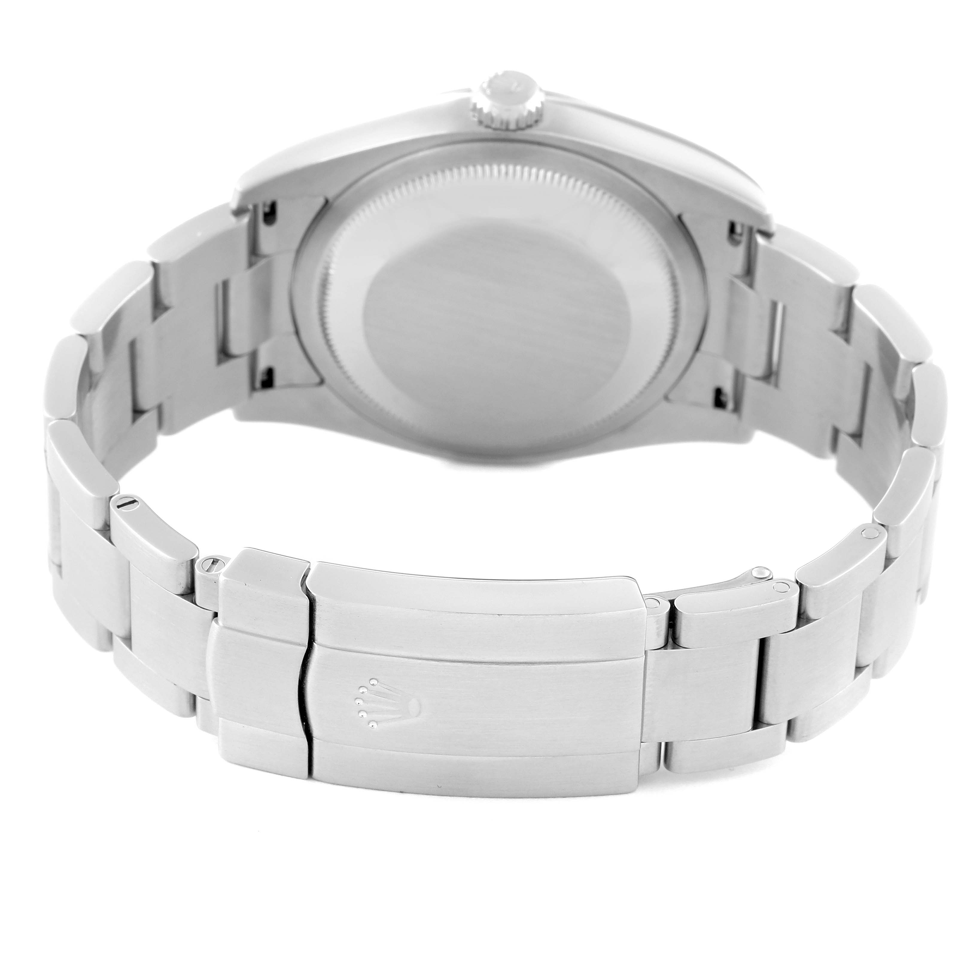 This image shows the back view of the Rolex Oyster Perpetual 116000 Men
s Stainless Steel Black Dial 116000 Men
s Stainless Steel Black Dial watch, displaying the case back and bracelet clasp.