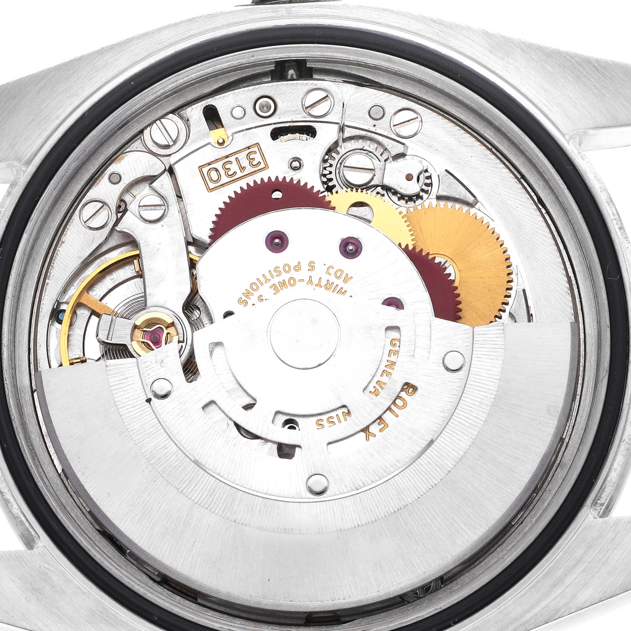 The image shows the movement and internal gears of a Rolex Oyster Perpetual 116000 Men
s Stainless Steel Black Dial 116000 Men
s Stainless Steel Black Dial watch from a back angle.