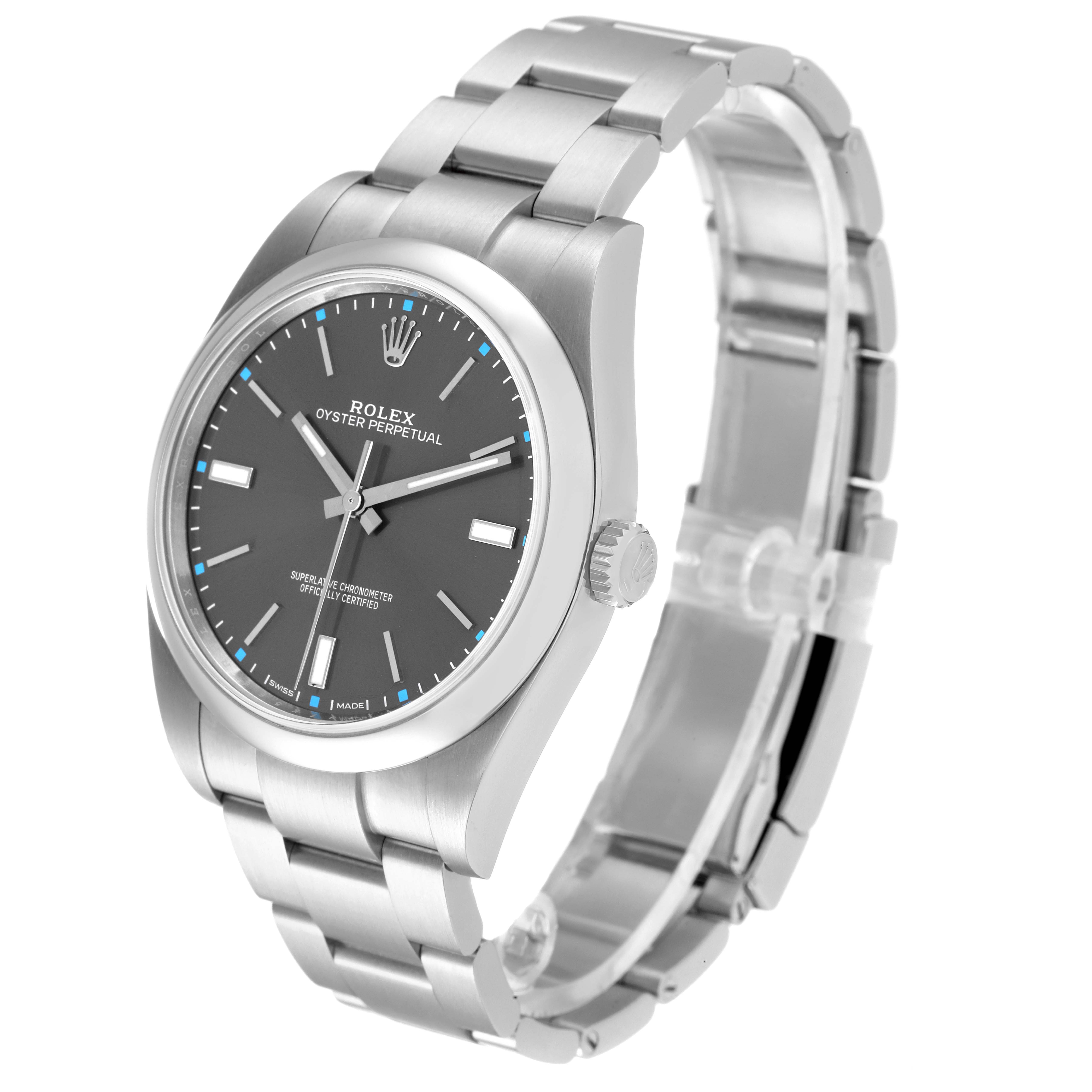 The image shows a Rolex Oyster Perpetual 114300 Men's Stainless Steel Grey Dial 114300 Men's Stainless Steel Grey Dial watch at a three-quarter angle, highlighting the watch face, bezel, crown, and bracelet.