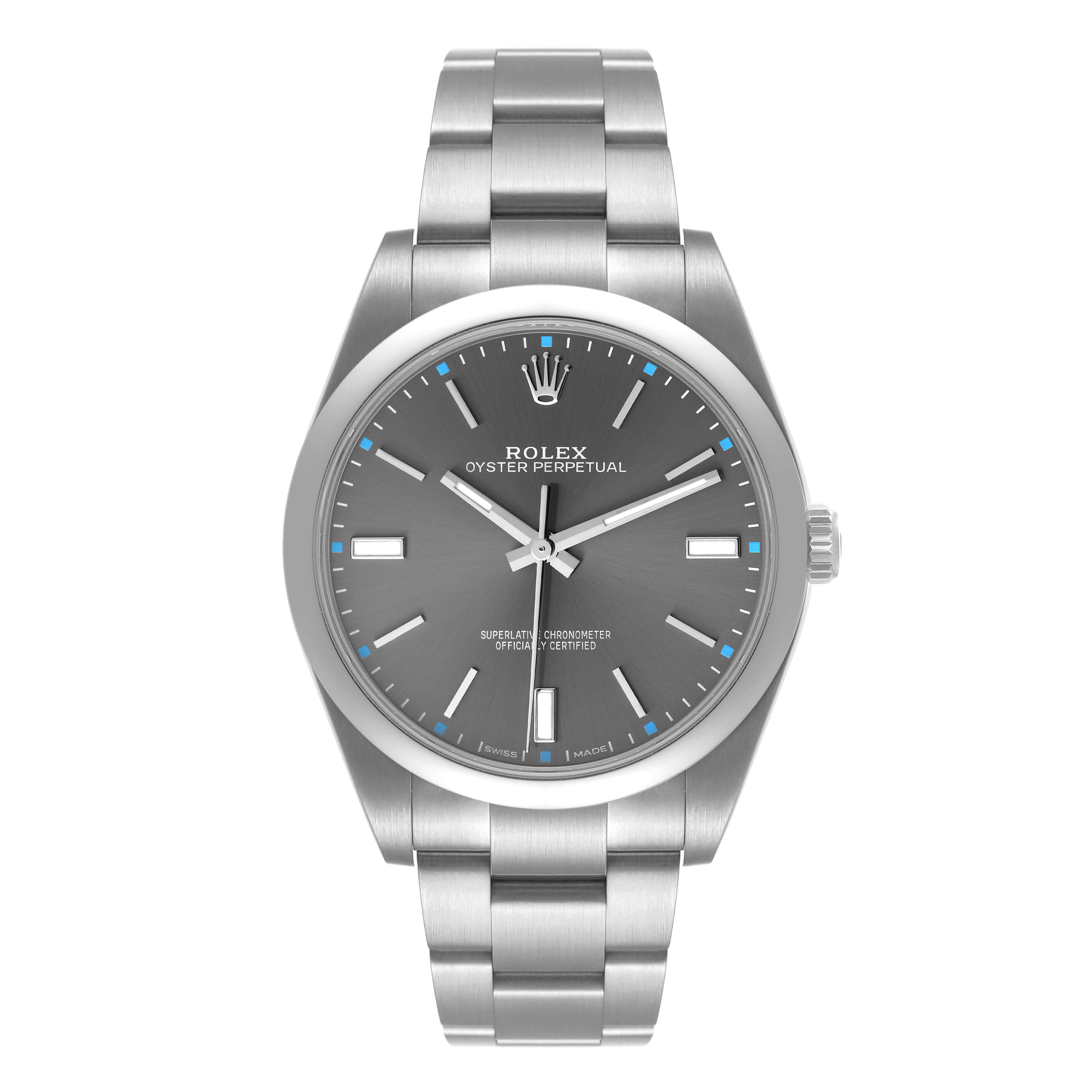 The Rolex Oyster Perpetual 114300 Men's Stainless Steel Grey Dial 114300 Men's Stainless Steel Grey Dial watch is shown from the front, displaying the face, bezel, and stainless steel bracelet.