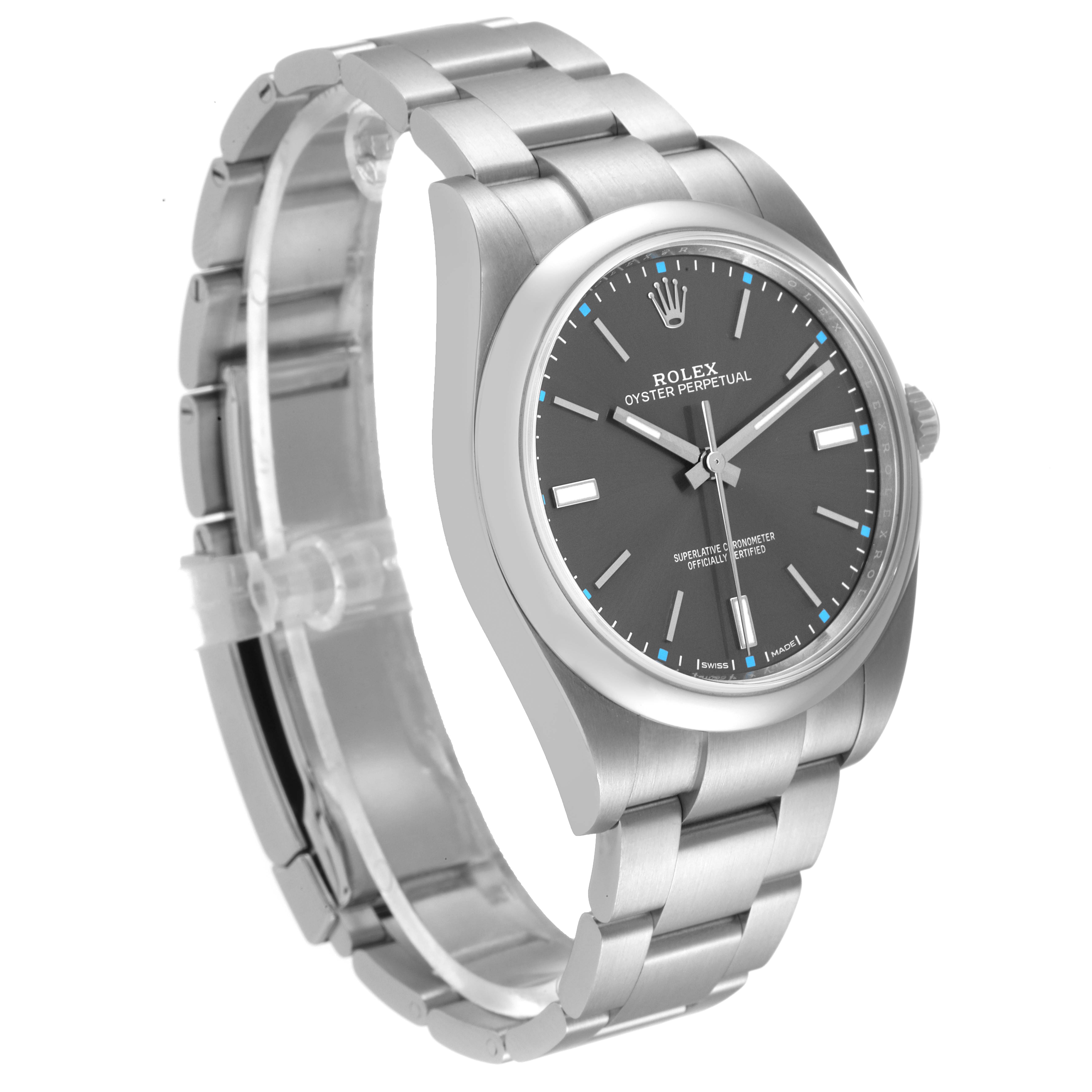 The image shows a side-angle view of a Rolex Oyster Perpetual 114300 Men's Stainless Steel Grey Dial 114300 Men's Stainless Steel Grey Dial watch, displaying the face, bezel, crown, and bracelet.