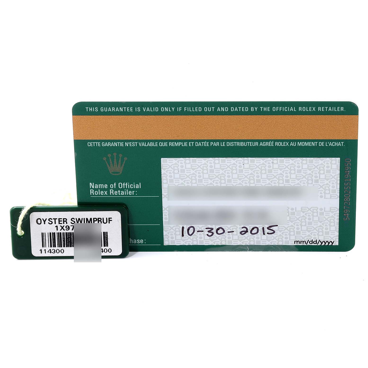 The image shows the warranty card and tag for a Rolex Oyster Perpetual 114300 Men's Stainless Steel Grey Dial 114300 Men's Stainless Steel Grey Dial watch, viewed from above.