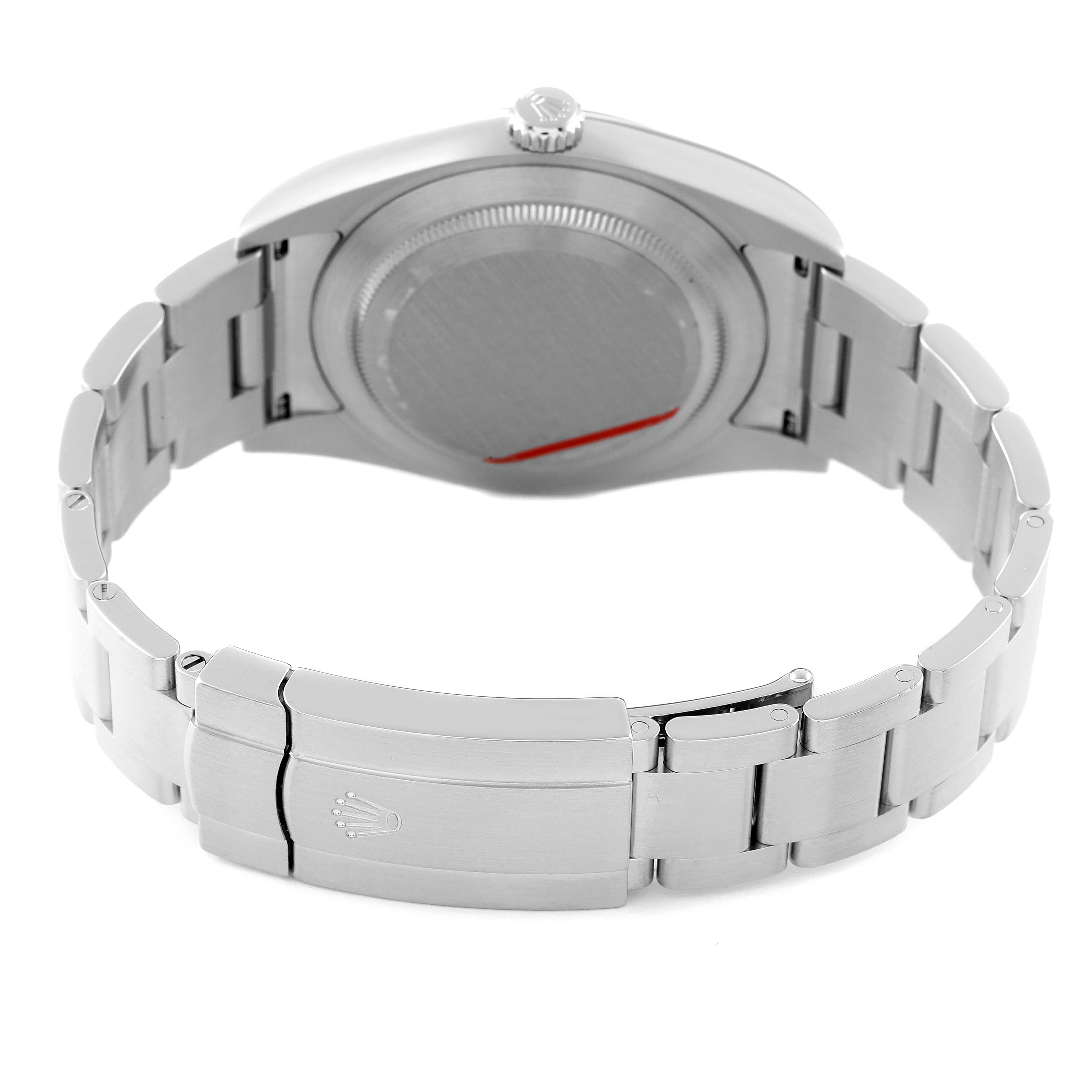 The image shows the back side of a Rolex Oyster Perpetual 114300 Men's Stainless Steel Grey Dial 114300 Men's Stainless Steel Grey Dial watch, highlighting the bracelet and clasp.