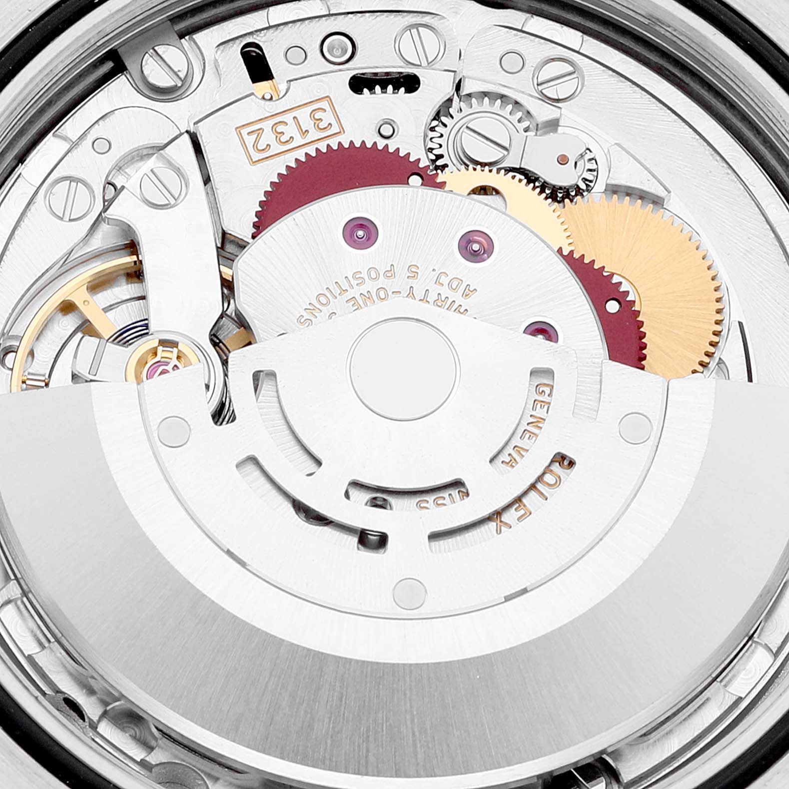 This image shows the internal mechanism of a Rolex Oyster Perpetual 114300 Men's Stainless Steel Grey Dial 114300 Men's Stainless Steel Grey Dial watch from a close-up angle.