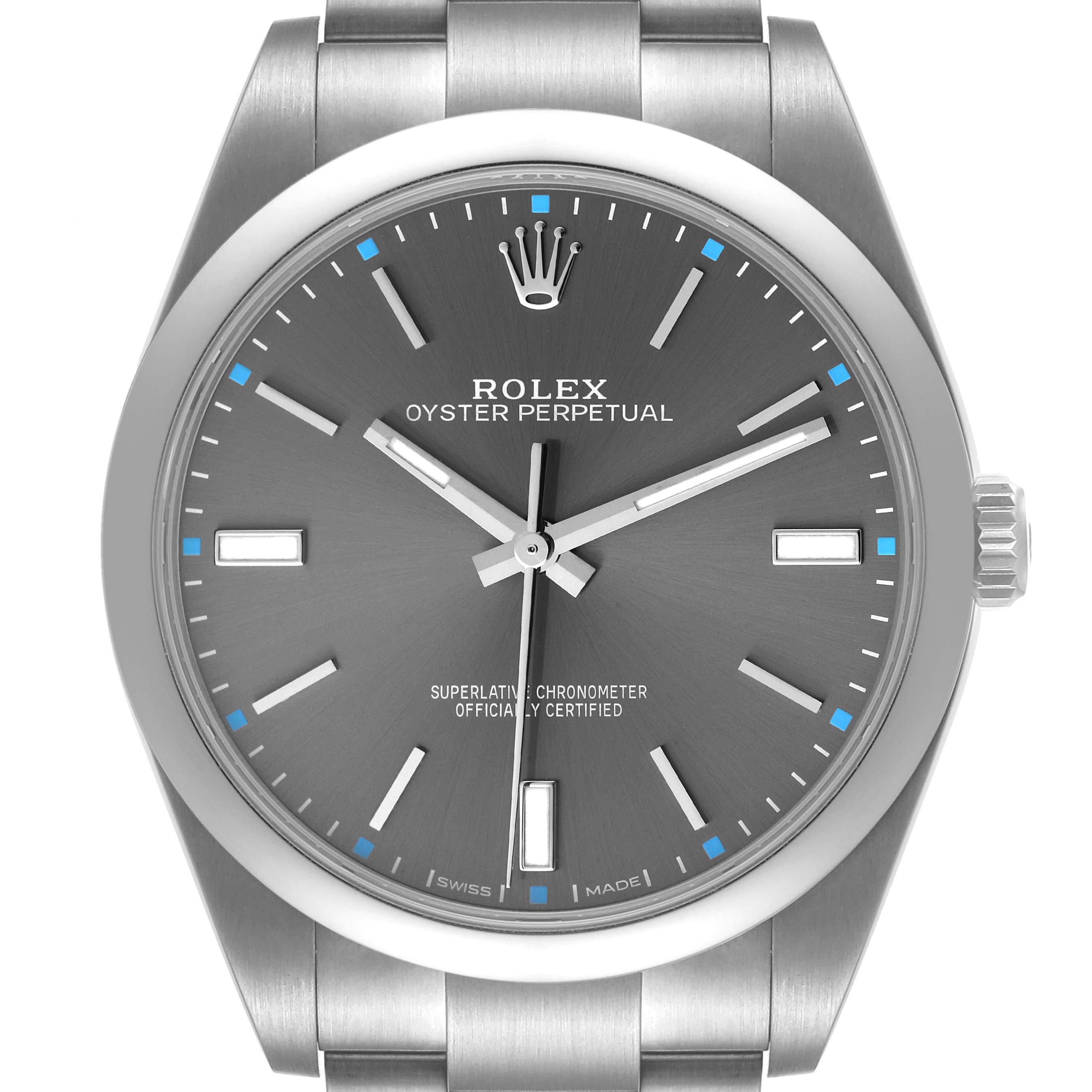 The image shows a front view of a Rolex Oyster Perpetual 114300 Men's Stainless Steel Grey Dial 114300 Men's Stainless Steel Grey Dial watch, highlighting its dial, crown, and bracelet.