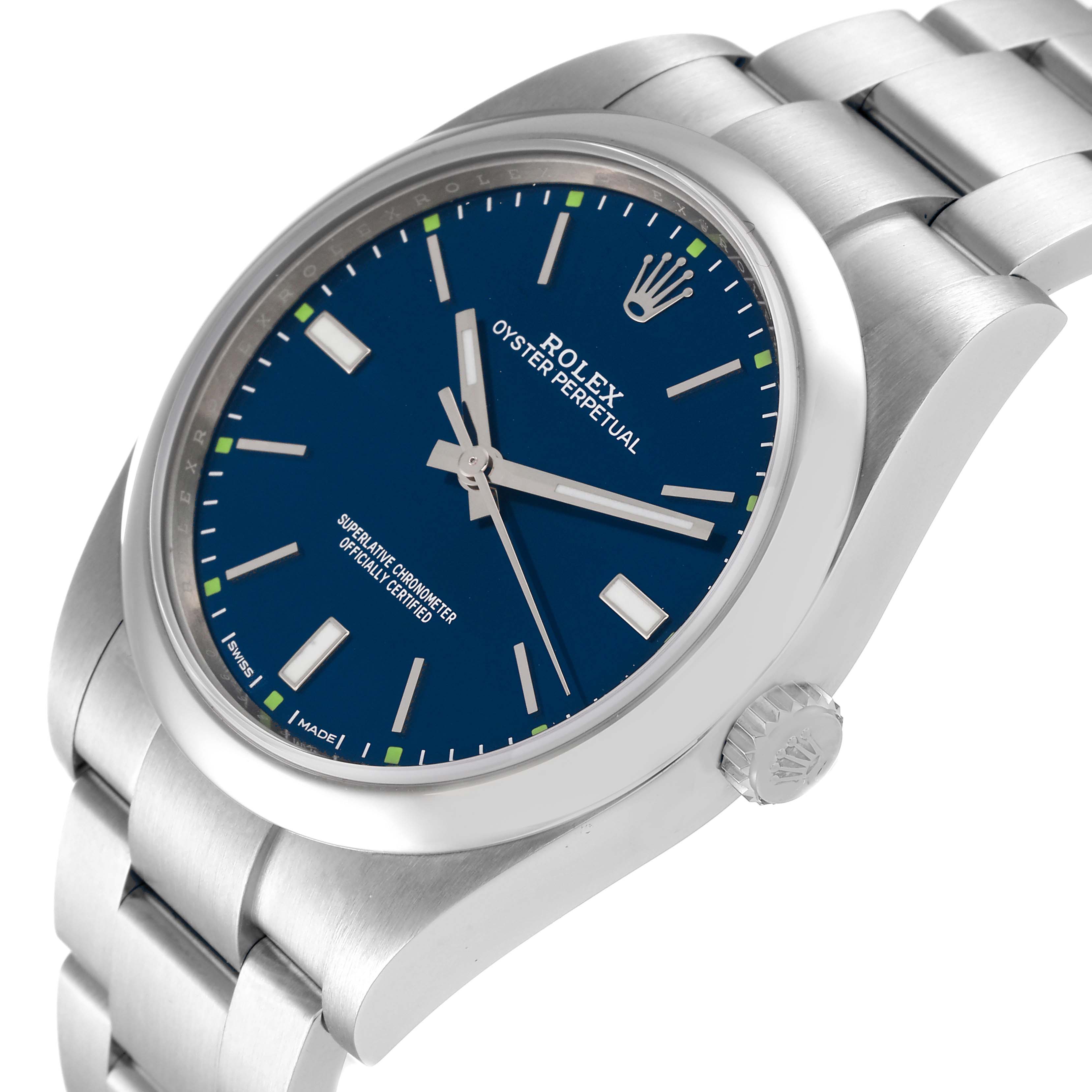 The image shows a Rolex Oyster Perpetual 114300 Men's Stainless Steel Blue Dial 114300 Men's Stainless Steel Blue Dial watch at a slight angle, highlighting the face, bezel, crown, and part of the bracelet.