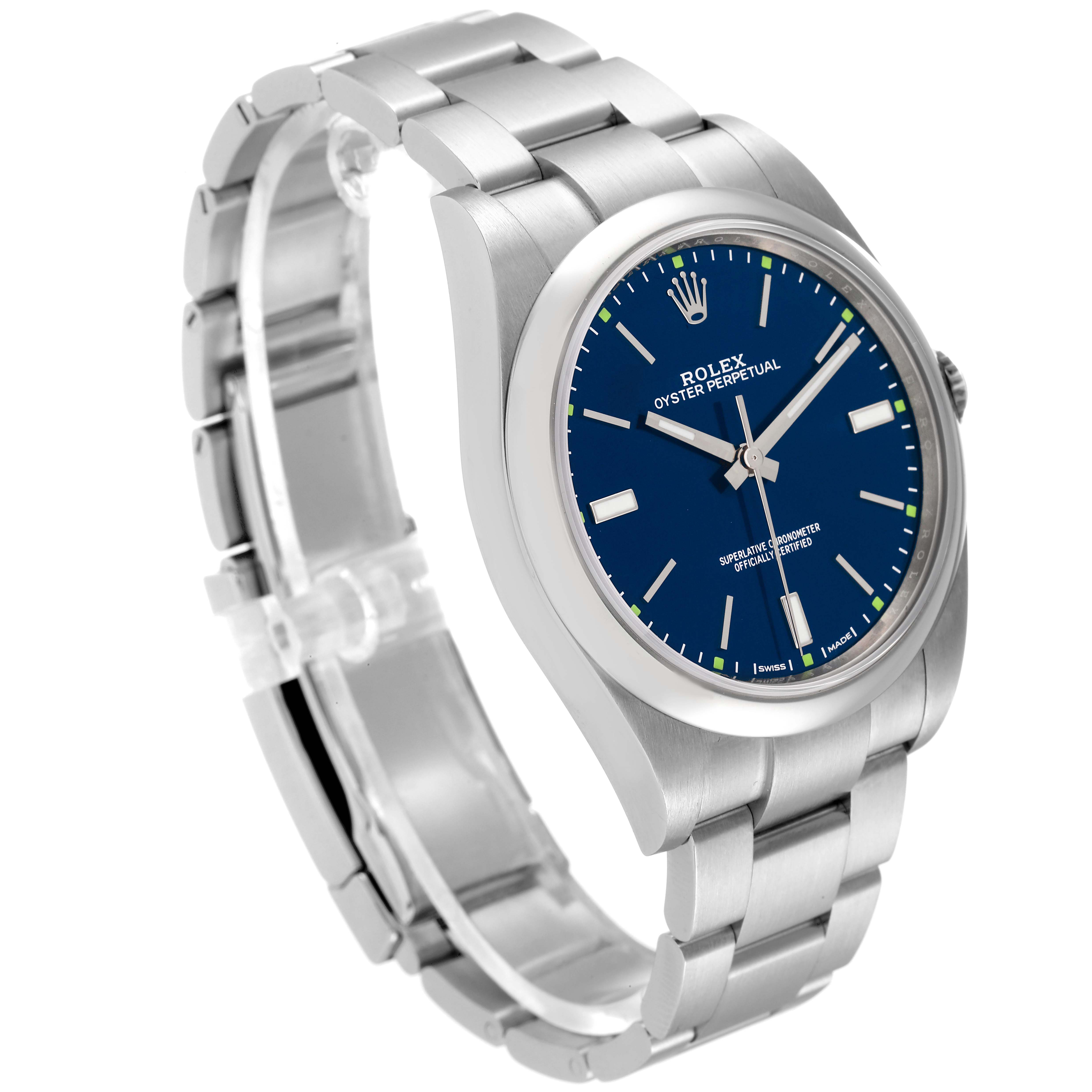 This image shows a Rolex Oyster Perpetual 114300 Men's Stainless Steel Blue Dial 114300 Men's Stainless Steel Blue Dial watch at a slight angle, highlighting its blue dial and metal bracelet.