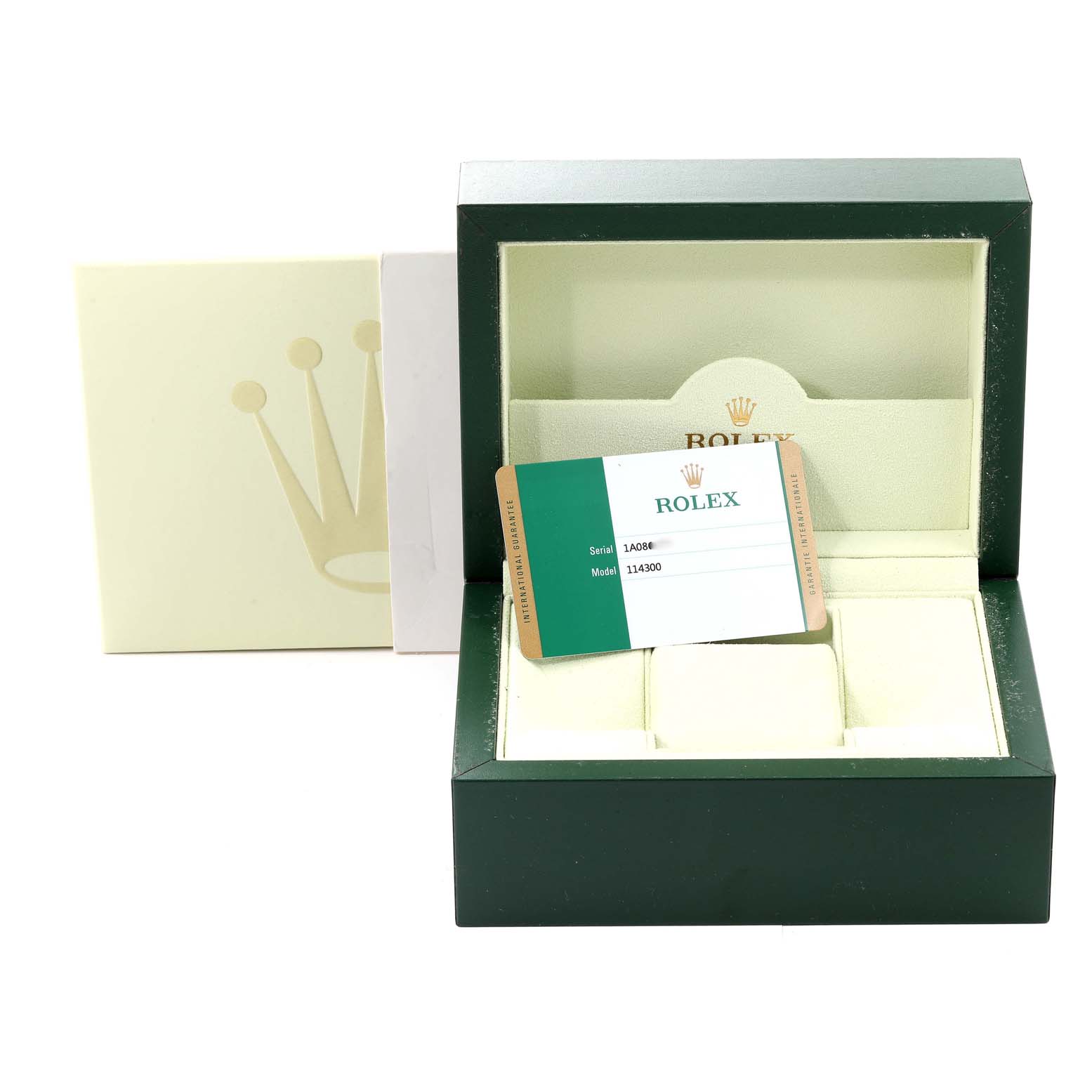 The image shows the Rolex Oyster Perpetual 114300 Men's Stainless Steel Blue Dial 114300 Men's Stainless Steel Blue Dial model box and certification card from a front angle.