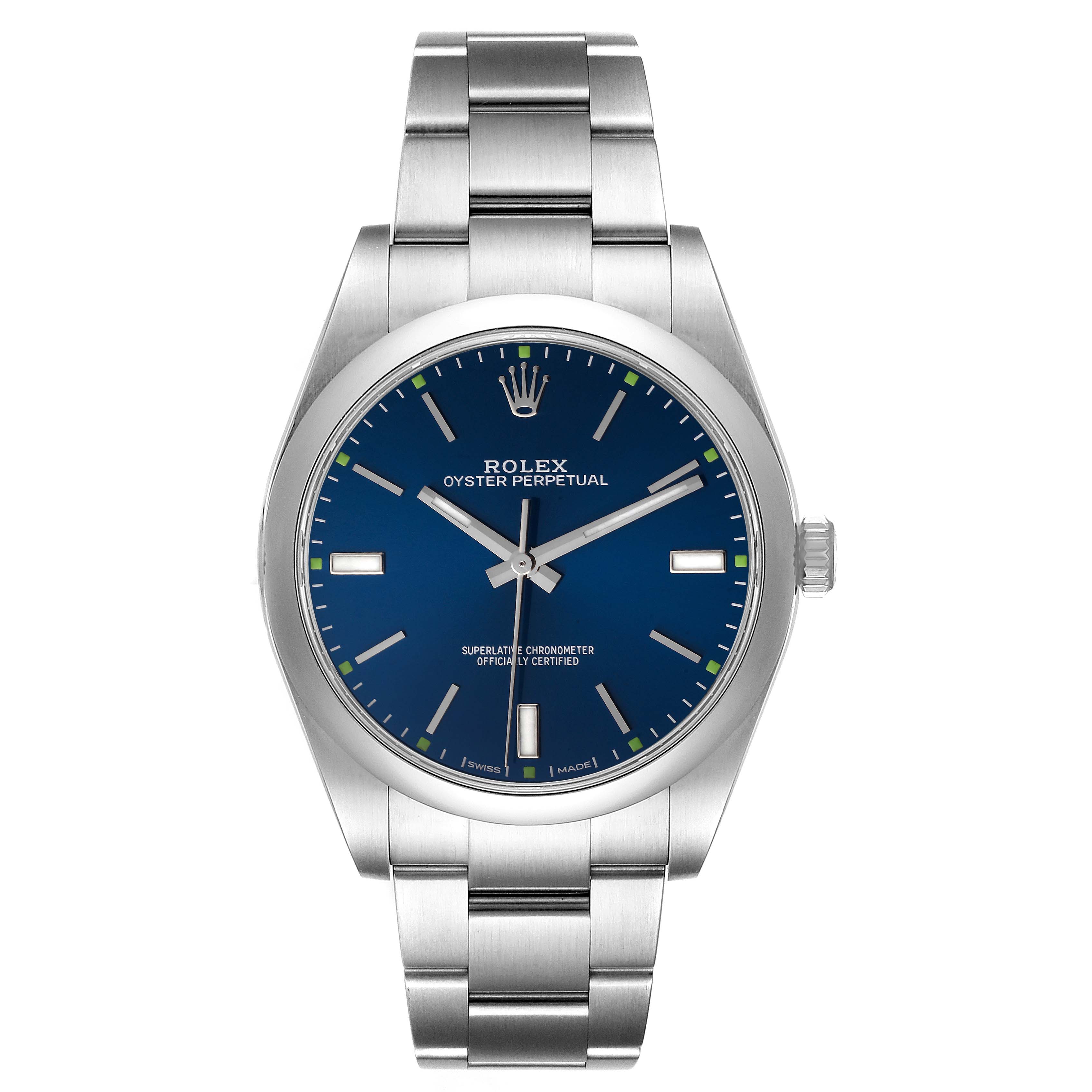 This Rolex Oyster Perpetual 114300 Men's Stainless Steel Blue Dial 114300 Men's Stainless Steel Blue Dial watch is shown from a straight-on angle, displaying its face, dial, and stainless steel bracelet.