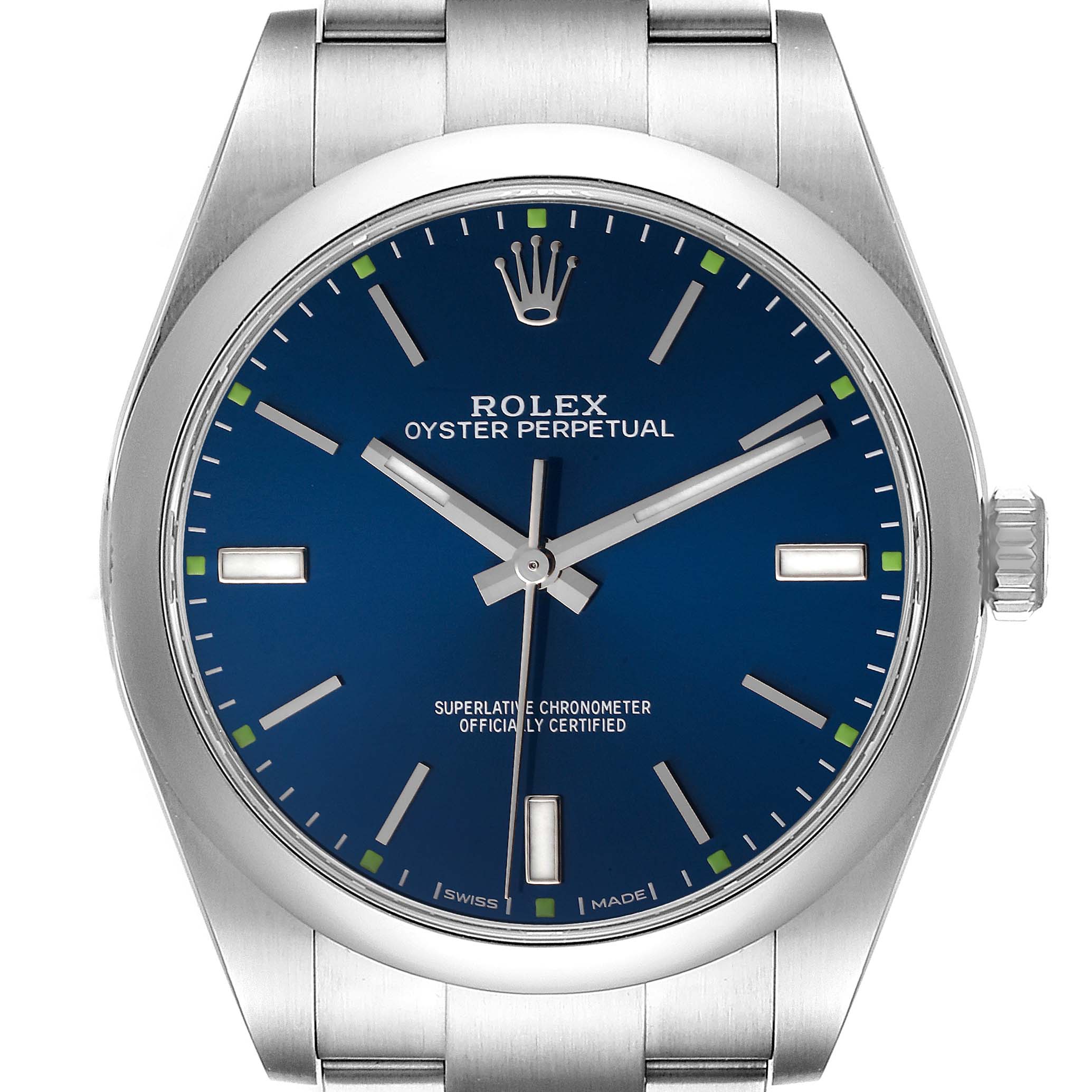 This Rolex Oyster Perpetual 114300 Men's Stainless Steel Blue Dial 114300 Men's Stainless Steel Blue Dial watch is shown from a frontal angle, displaying its blue dial, hands, hour markers, bezel, and bracelet.