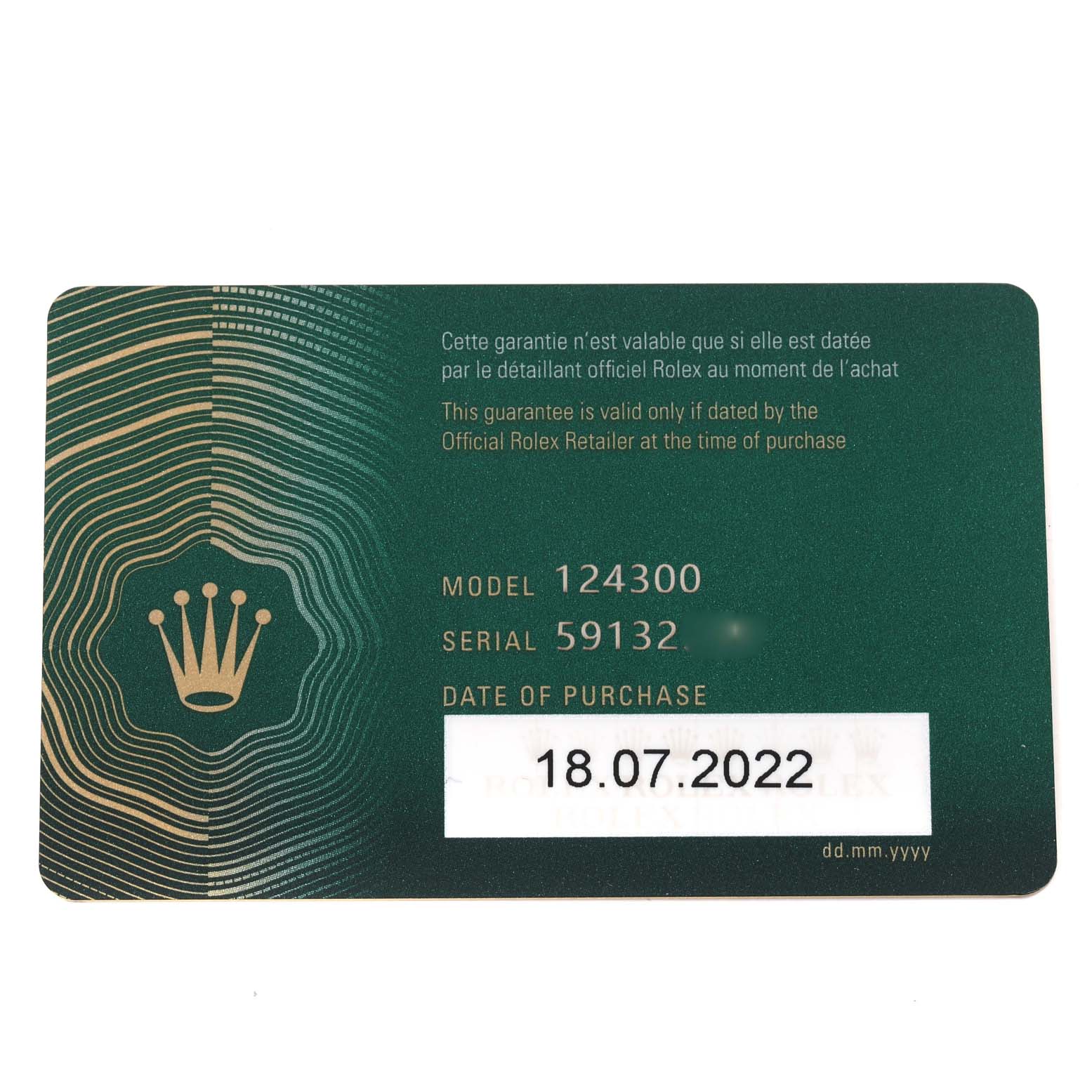 This image shows the warranty card for a Rolex Oyster Perpetual 124300 Men
s Stainless Steel Green Dial 124300 Men
s Stainless Steel Green Dial model 124300 with the date of purchase stated as 18.07.2022.