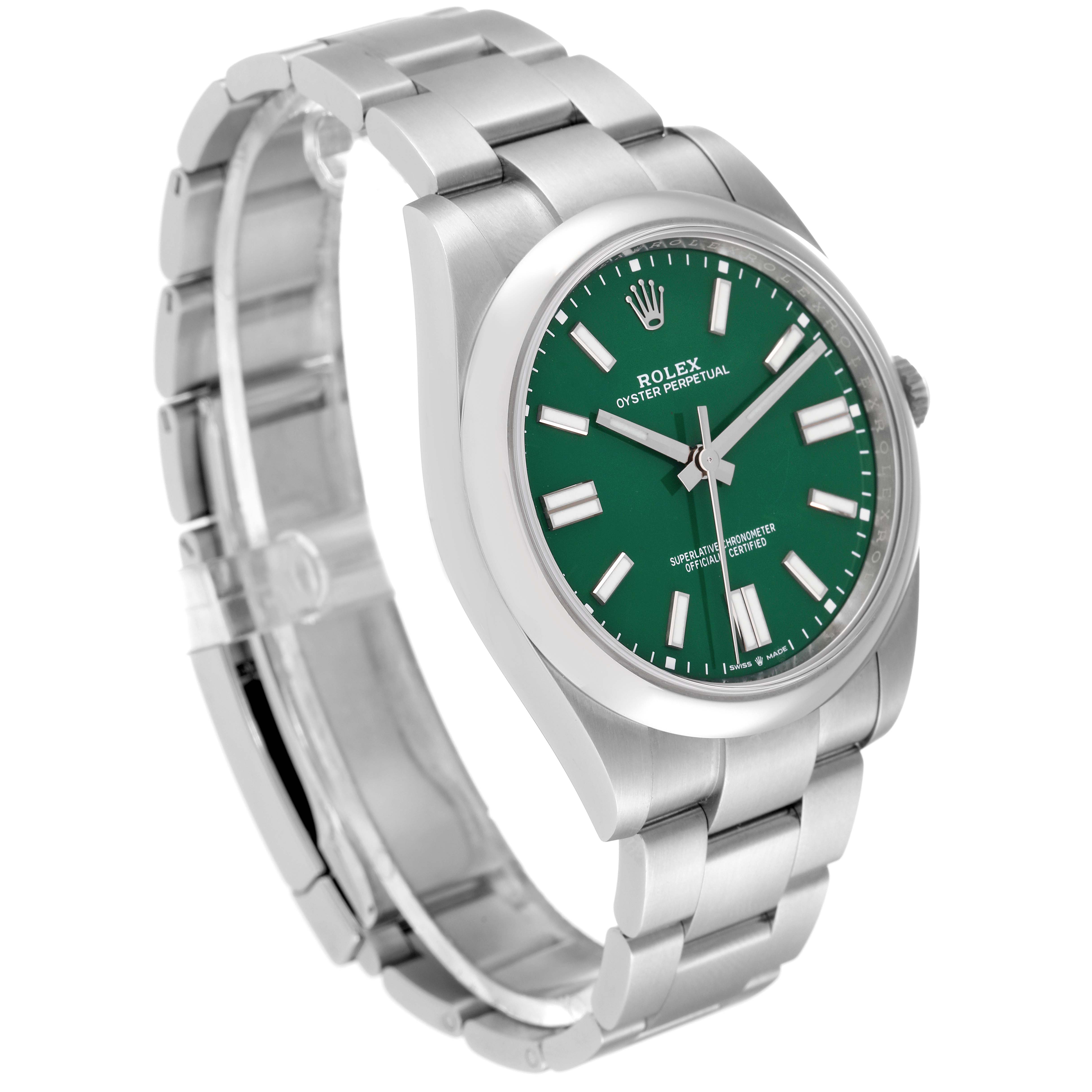 The Rolex Oyster Perpetual 124300 Men
s Stainless Steel Green Dial 124300 Men
s Stainless Steel Green Dial watch is shown from a three-quarter angle, revealing the face, bezel, and bracelet.